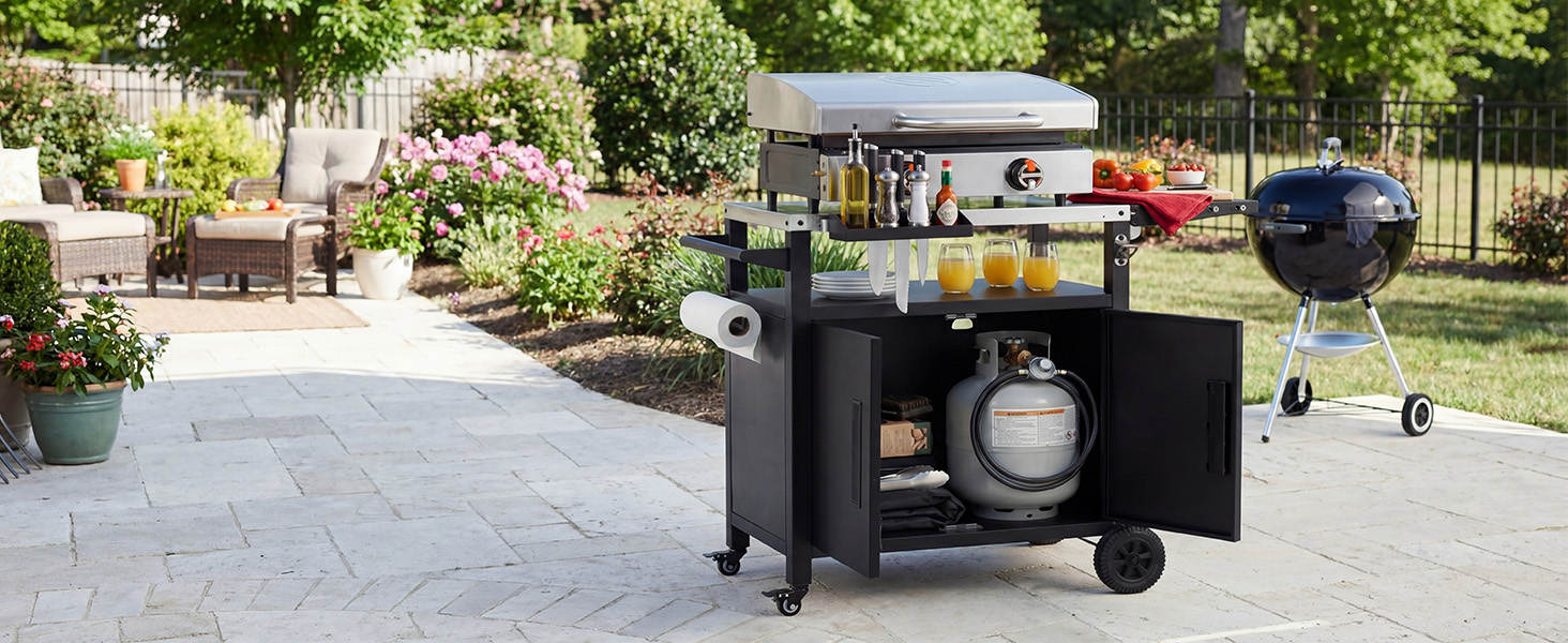 K&K Outdoor Grill Cart with Storage Cabinet, Outdoor Metal Kitchen Island with Foldable Table, Pizza Oven Table with Wheels & Stainless Steel Top & Hooks & Spice Rack for BBQ,Waterproof Cover Included - Image 3