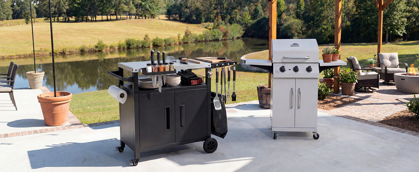 K&K Outdoor Grill Cart with Storage Cabinet, Outdoor Metal Kitchen Island with Foldable Table, Pizza Oven Table with Wheels & Stainless Steel Top & Hooks & Spice Rack for BBQ,Waterproof Cover Included - Image 4