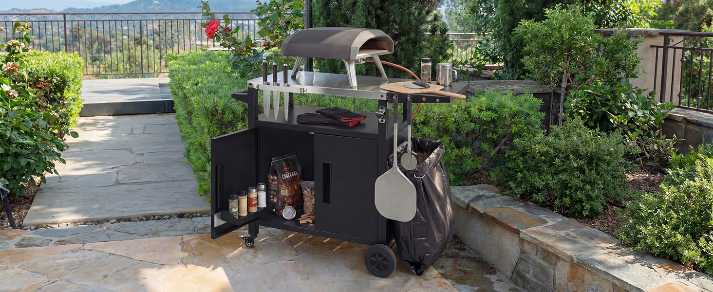 K&K Outdoor Grill Cart with Storage Cabinet, Outdoor Metal Kitchen Island with Foldable Table, Pizza Oven Table with Wheels & Stainless Steel Top & Hooks & Spice Rack for BBQ,Waterproof Cover Included - Image 5