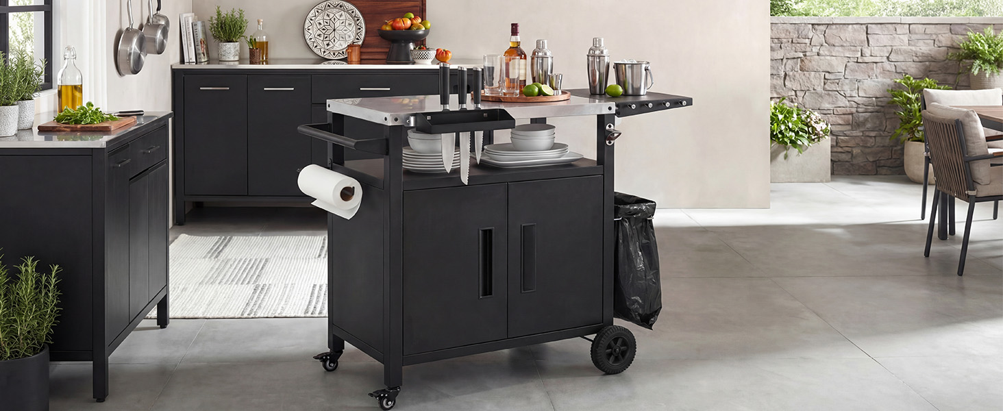 K&K Outdoor Grill Cart with Storage Cabinet, Outdoor Metal Kitchen Island with Foldable Table, Pizza Oven Table with Wheels & Stainless Steel Top & Hooks & Spice Rack for BBQ,Waterproof Cover Included - Image 6