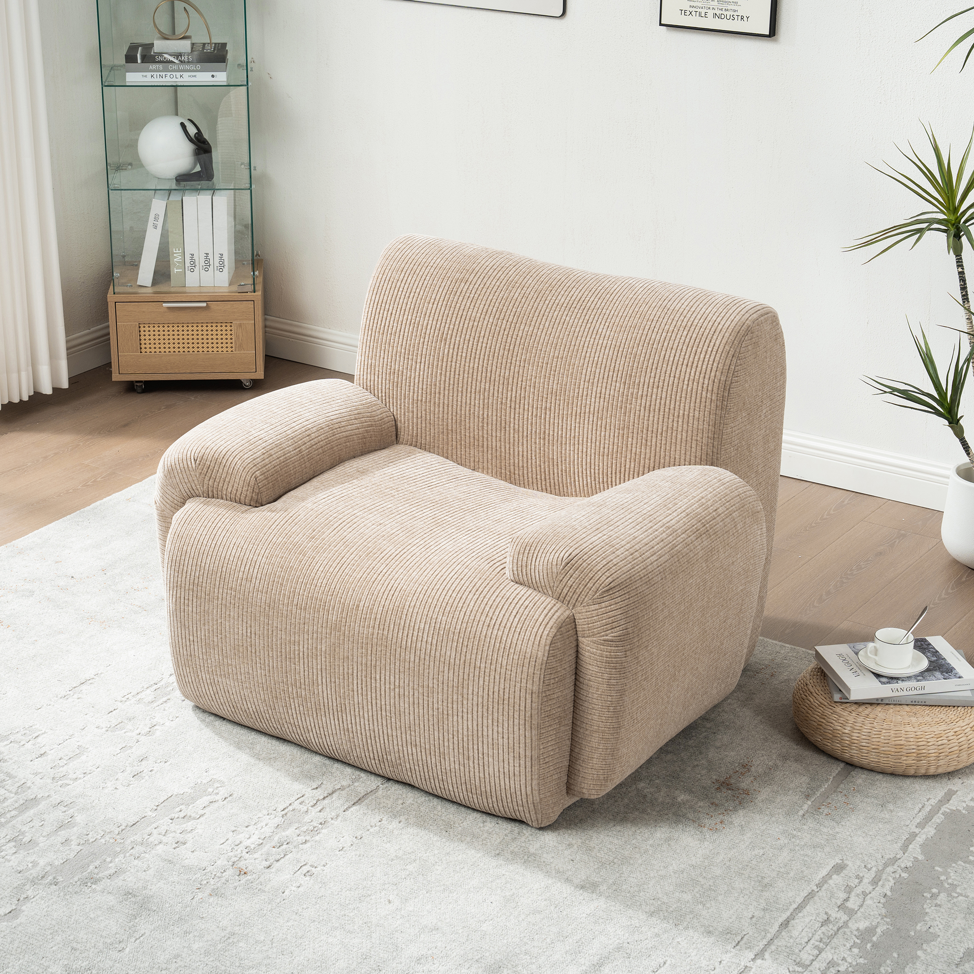 42" Wide Modern Upholstered Chenille Vertical Stripes Accent Chair, Boneless Single Sofa Chair, Armchair Comfy Reading Lounge Chair with Deep Seats for Living Room Bedroom Apartment, Dorms, Taupe - Image 3