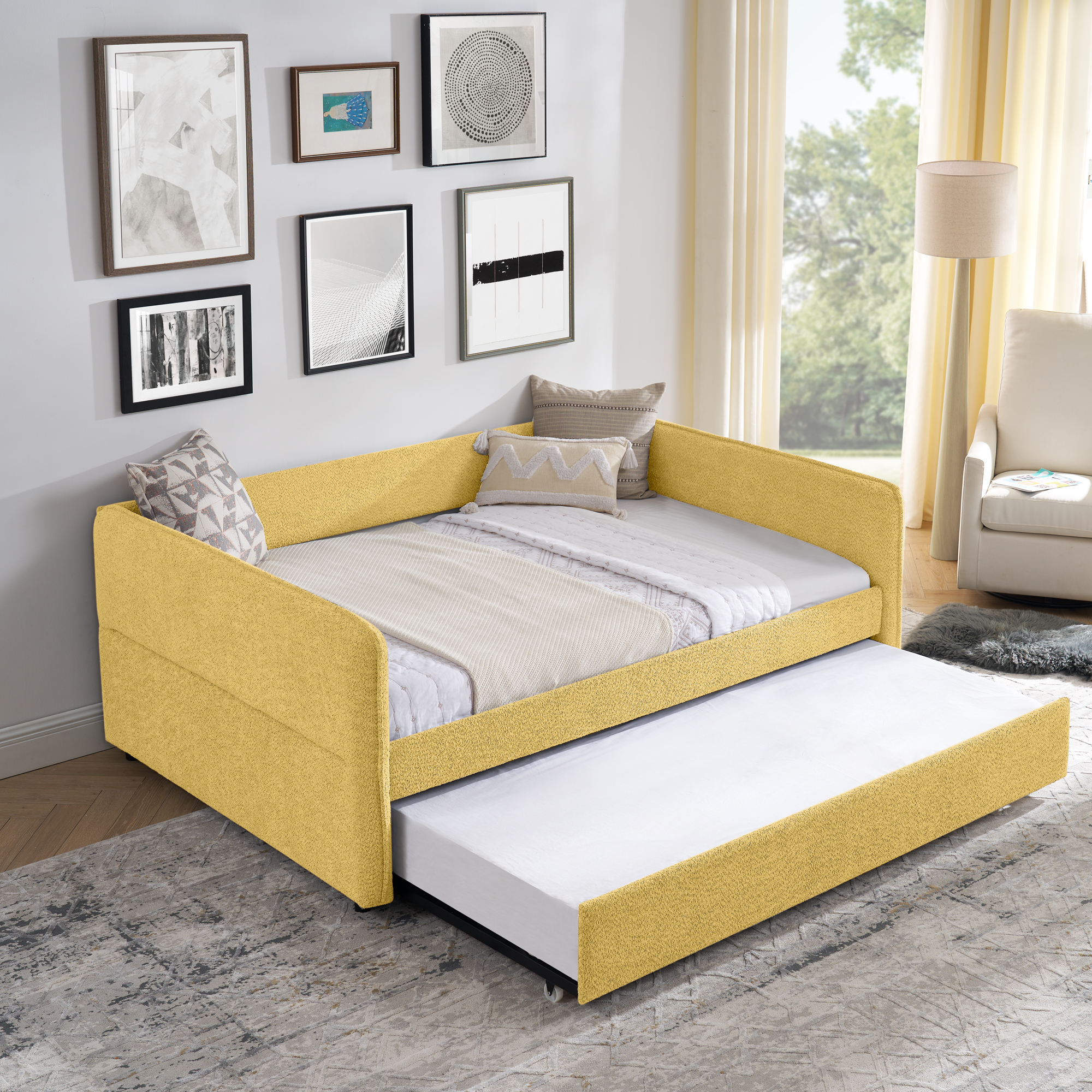Full Size Daybed with Twin Size Pop-up Trundle Upholstered Tufted Sofa Bed, Full Size, Boucle Fabric (83"x58.5"x29.5") - Image 2