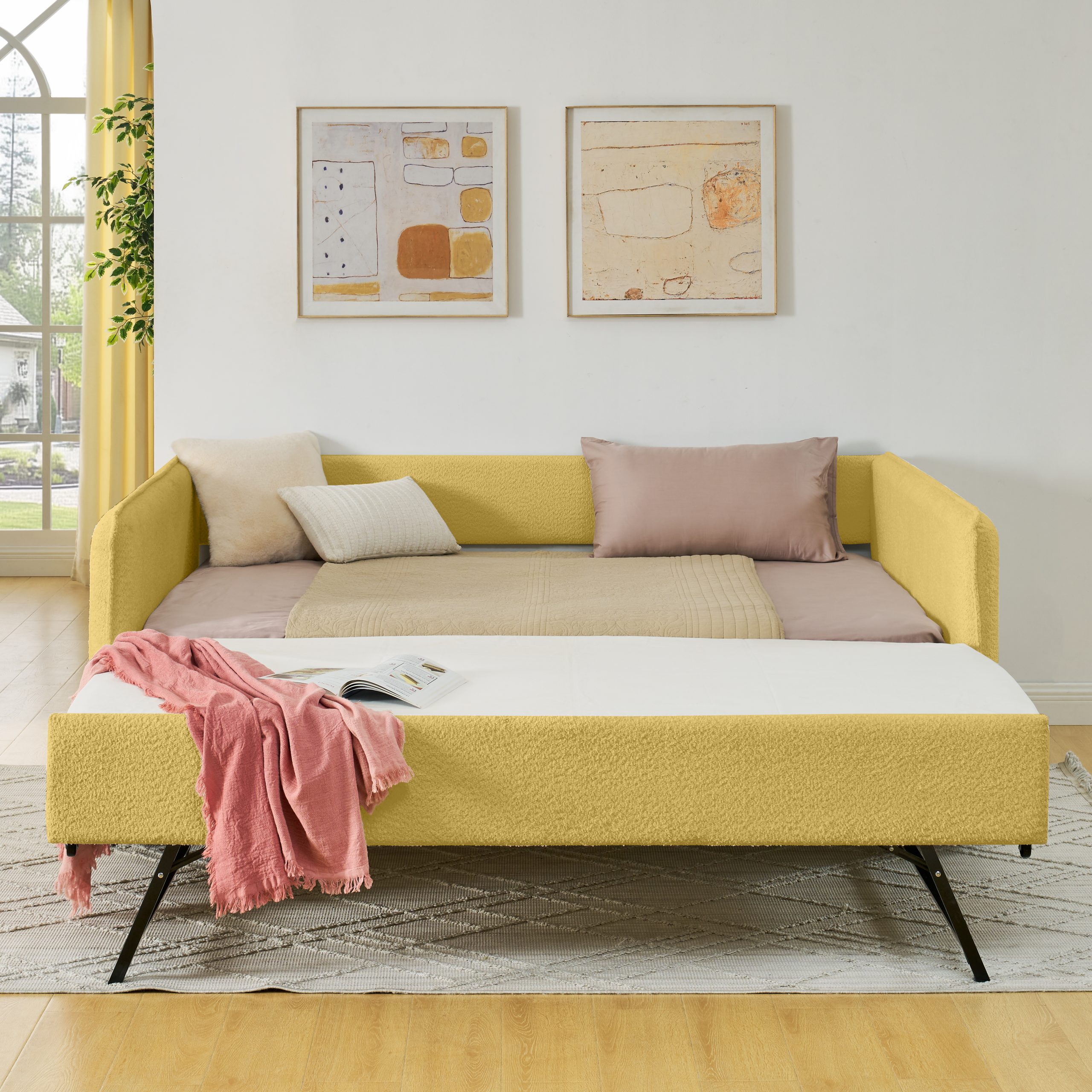 Full Size Daybed with Twin Size Pop-up Trundle Upholstered Tufted Sofa Bed, Full Size, Boucle Fabric (83"x58.5"x29.5") - Image 3