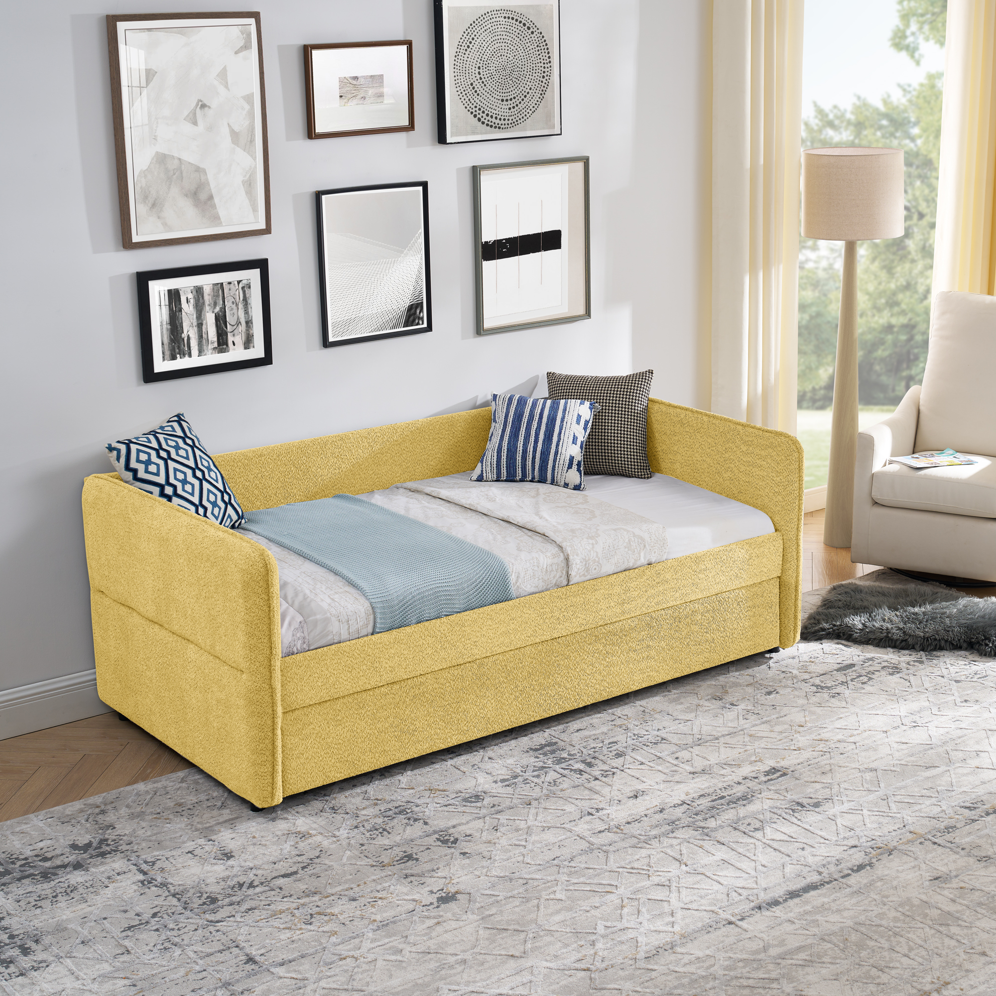 Daybed with Twin Size Pop-up Trundle Upholstered Tufted Sofa Bed, Twin Size, Boucle Fabric (83"x43"x29.5") - Image 3