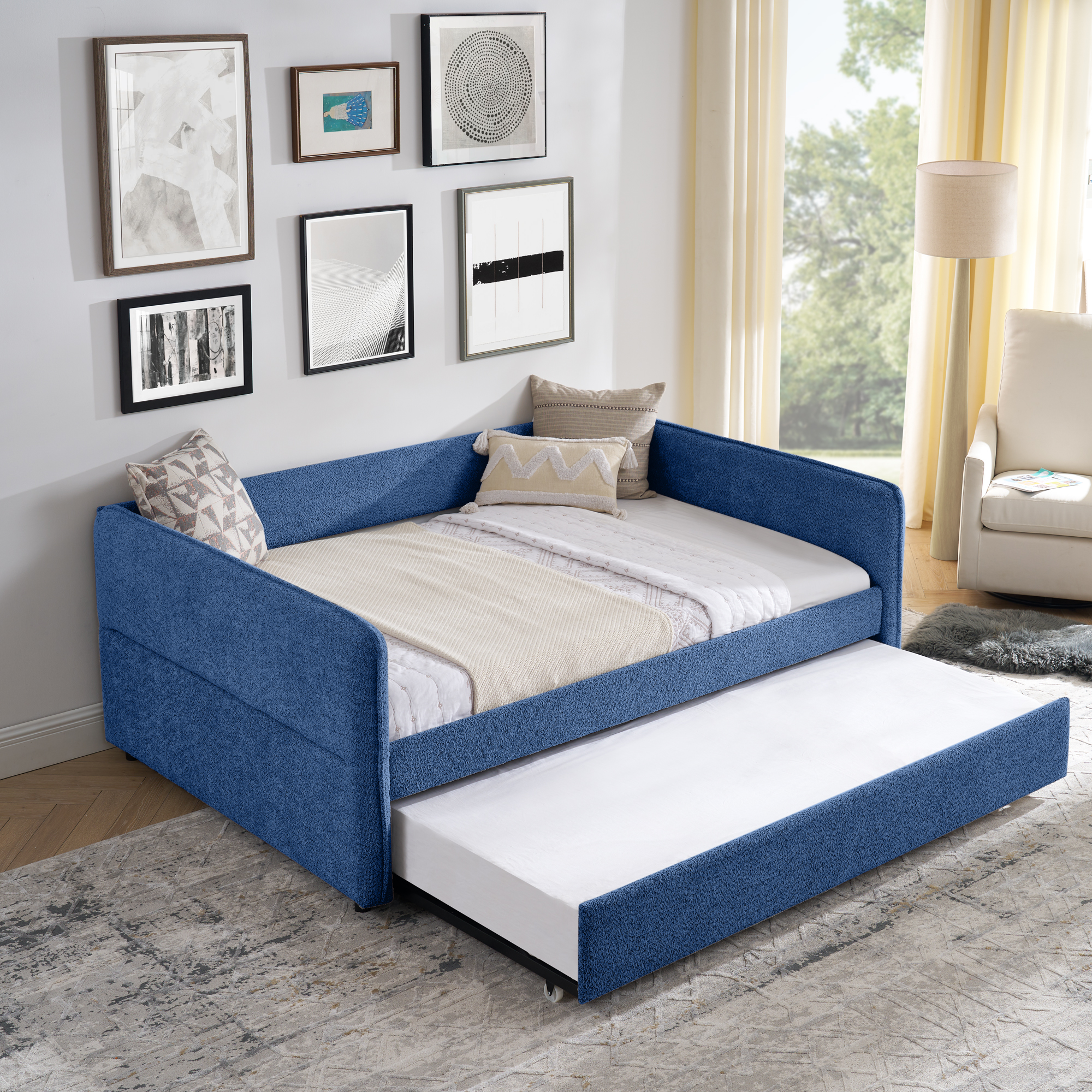 Full Size Daybed with Twin Size Pop-up Trundle Upholstered Tufted Sofa Bed, Full Size, Boucle Fabric (83"x58.5"x29.5") - Image 2