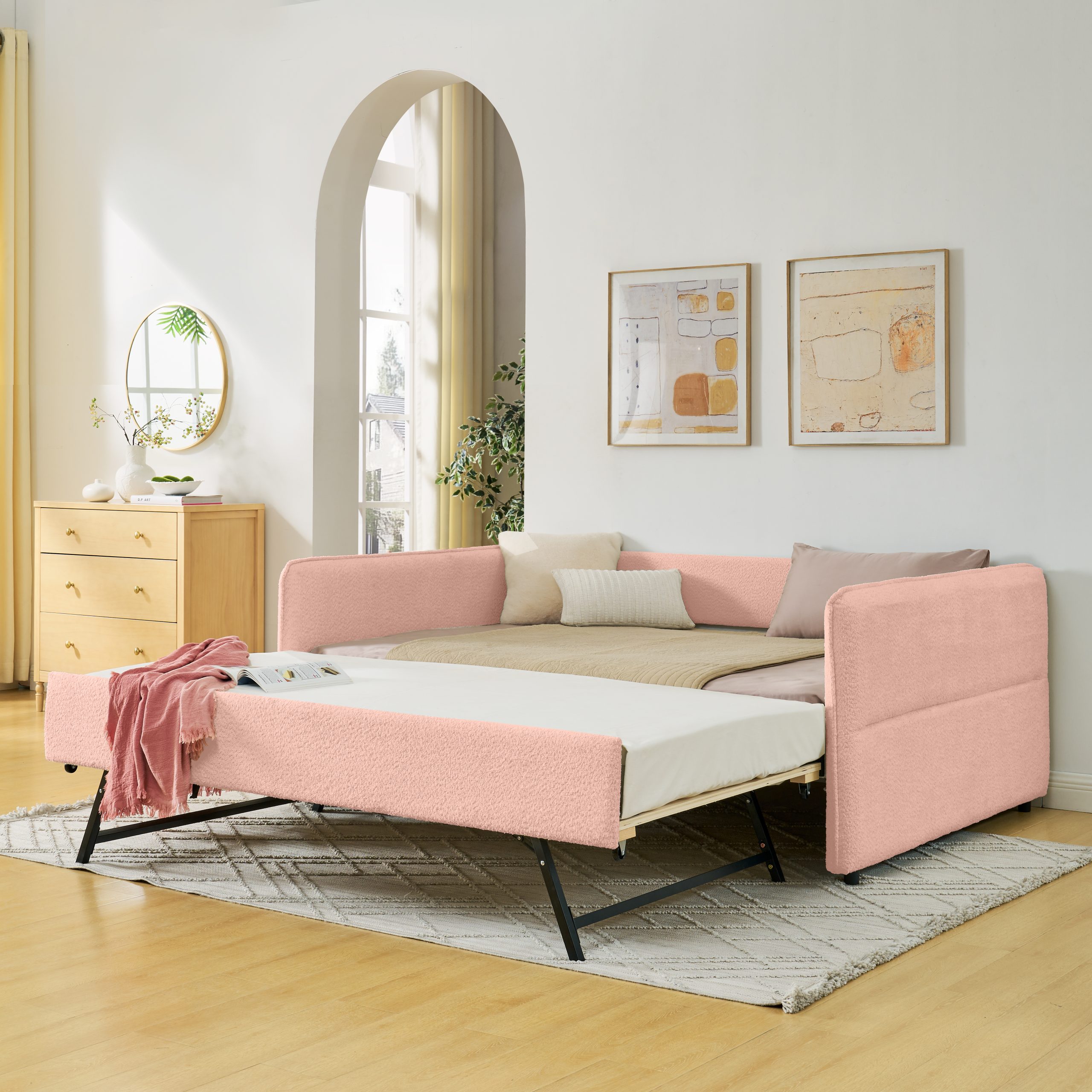 Full Size Daybed with Twin Size Pop-up Trundle Upholstered Tufted Sofa Bed, Full Size, Boucle Fabric (83″x58.5″x29.5″)