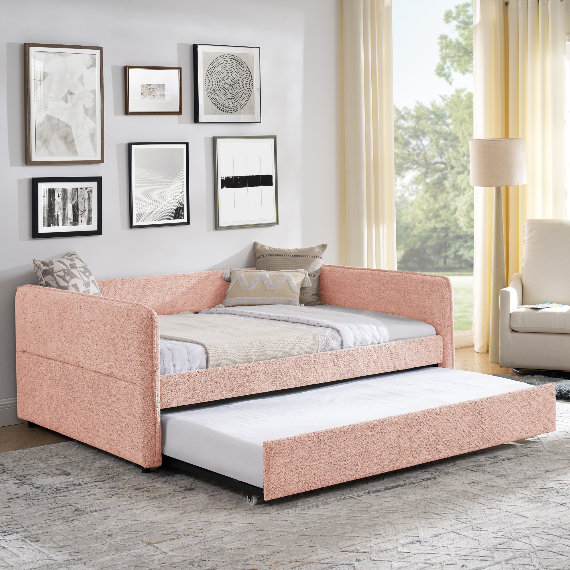 Full Size Daybed with Twin Size Pop-up Trundle Upholstered Tufted Sofa Bed, Full Size, Boucle Fabric (83"x58.5"x29.5") - Image 5