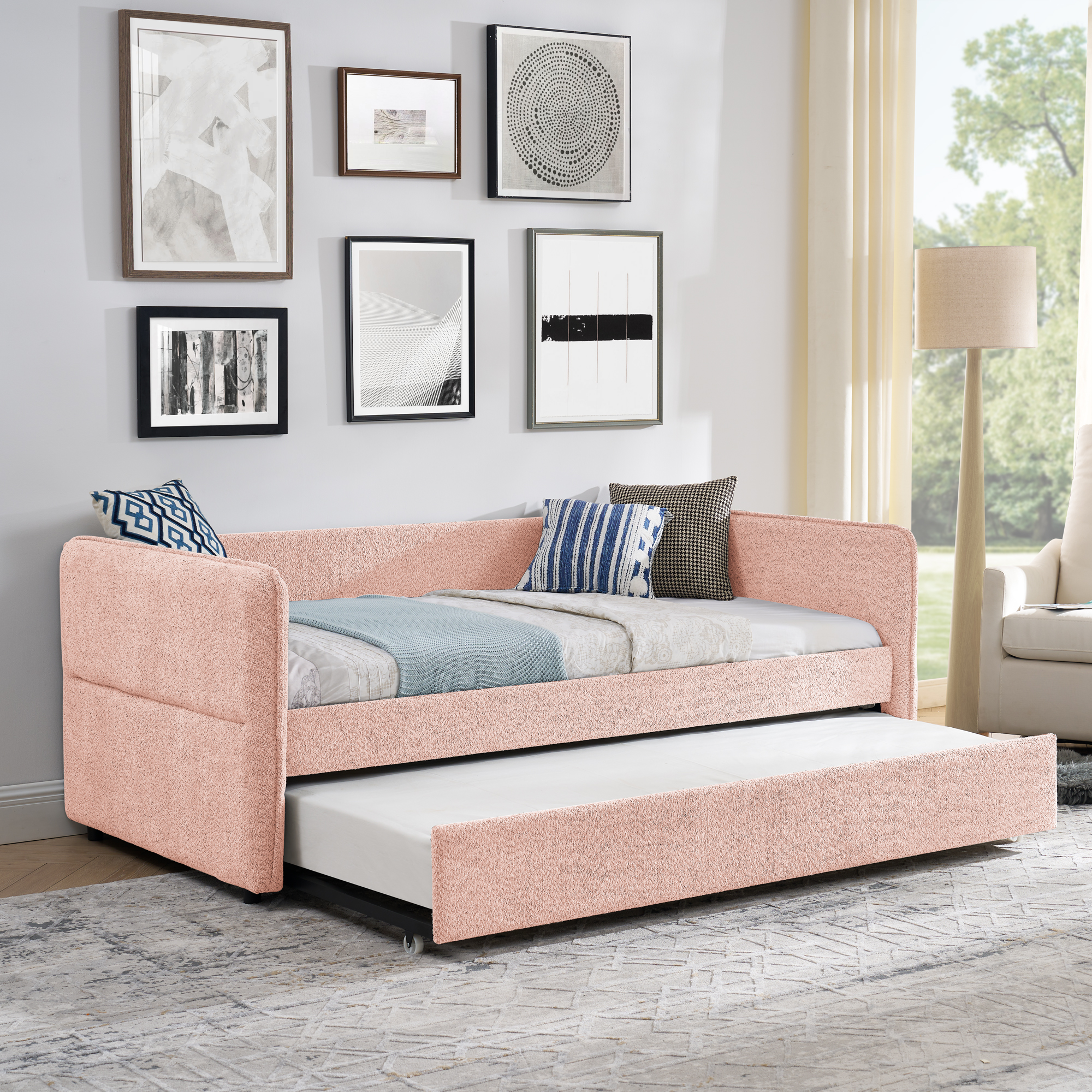 Daybed with Twin Size Pop-up Trundle Upholstered Tufted Sofa Bed, Twin Size, Boucle Fabric (83"x43"x29.5") - Image 3