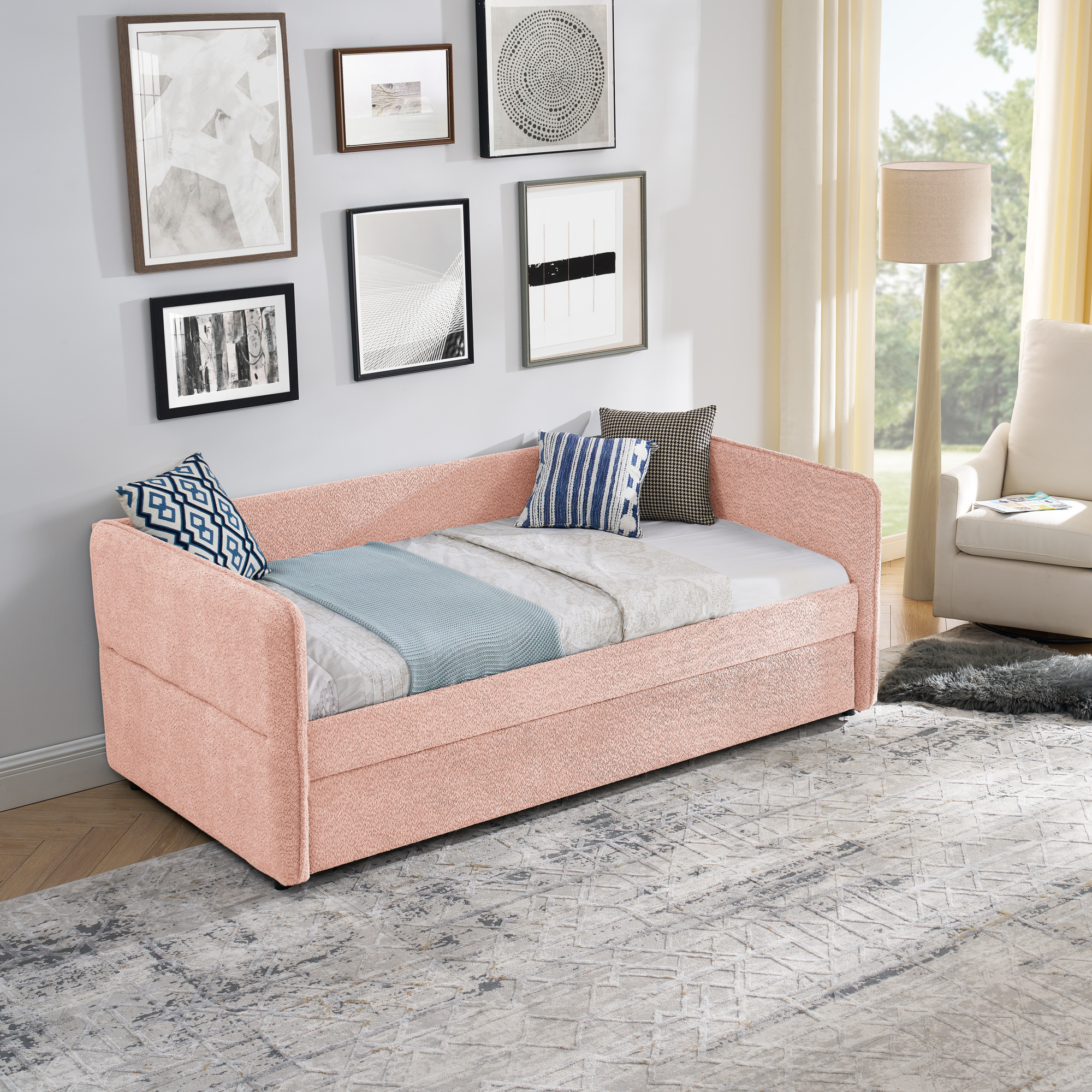 Daybed with Twin Size Pop-up Trundle Upholstered Tufted Sofa Bed, Twin Size, Boucle Fabric (83"x43"x29.5") - Image 6