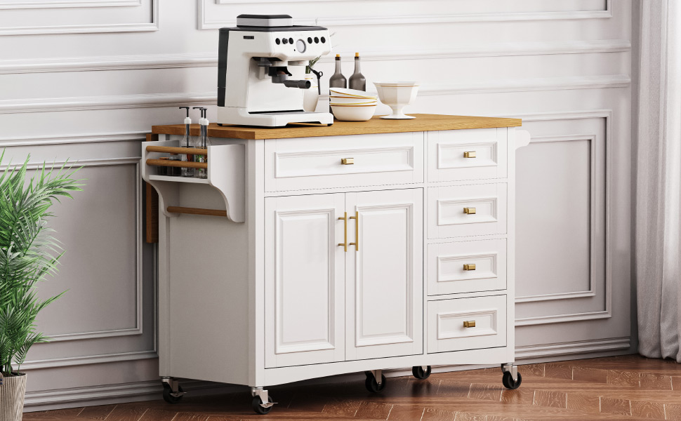 K&K 52'' Kitchen Island with Drop Leaf, Embossed Texture Kitchen Island on Wheels with Spice Rack, Towel Rack, 2 Doors and 5 Drawers, Kitchen Storage Cart with Adjustable Shelf for Kitchen, White - Image 2