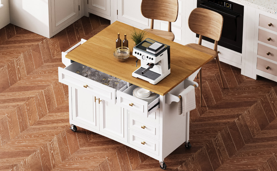 K&K 52'' Kitchen Island with Drop Leaf, Embossed Texture Kitchen Island on Wheels with Spice Rack, Towel Rack, 2 Doors and 5 Drawers, Kitchen Storage Cart with Adjustable Shelf for Kitchen, White - Image 3