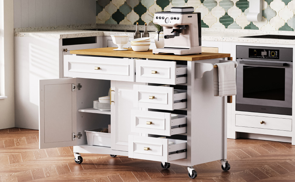 K&K 52'' Kitchen Island with Drop Leaf, Embossed Texture Kitchen Island on Wheels with Spice Rack, Towel Rack, 2 Doors and 5 Drawers, Kitchen Storage Cart with Adjustable Shelf for Kitchen, White - Image 4