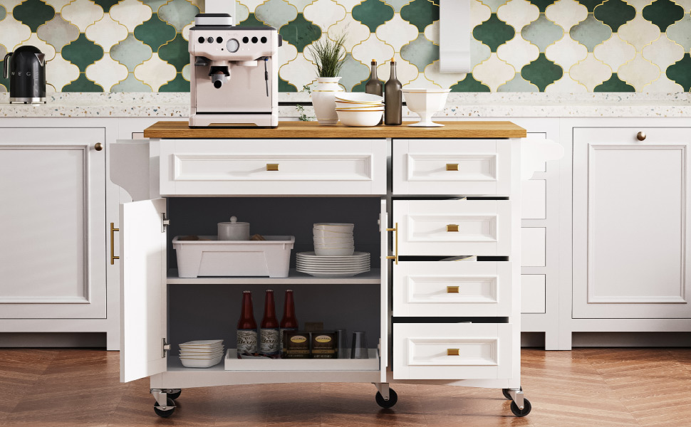 K&K 52'' Kitchen Island with Drop Leaf, Embossed Texture Kitchen Island on Wheels with Spice Rack, Towel Rack, 2 Doors and 5 Drawers, Kitchen Storage Cart with Adjustable Shelf for Kitchen, White - Image 5