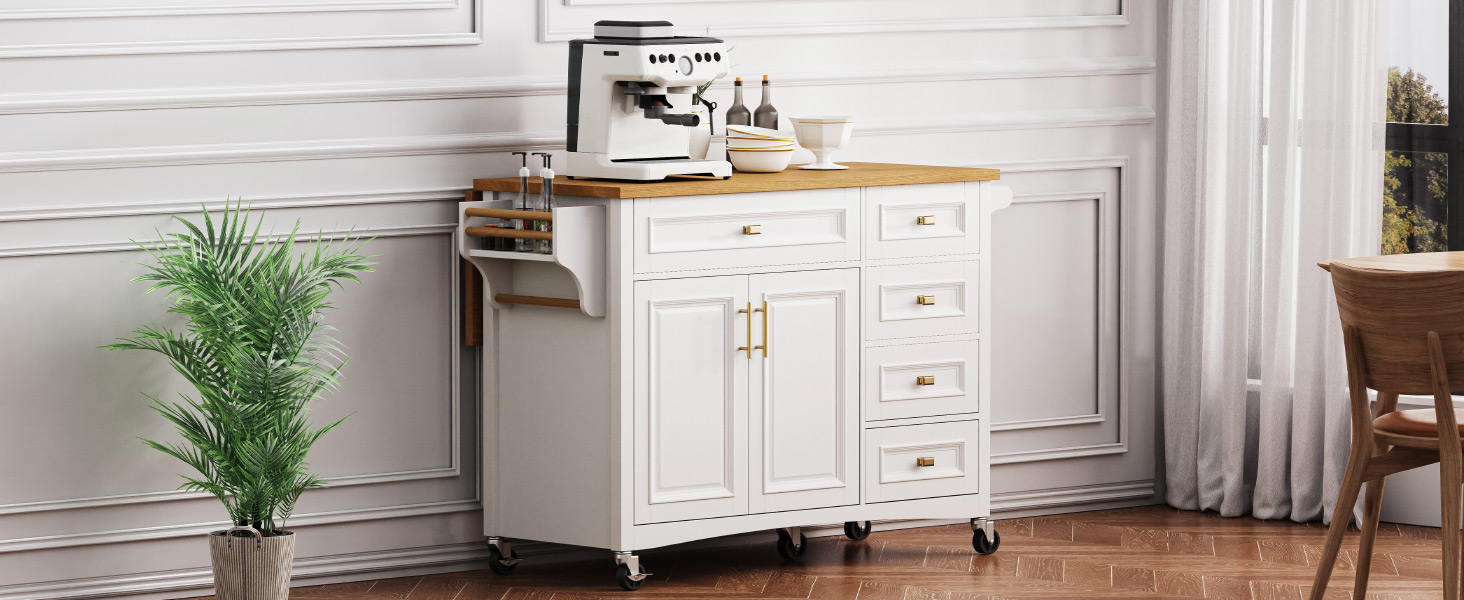 K&K 52'' Kitchen Island with Drop Leaf, Embossed Texture Kitchen Island on Wheels with Spice Rack, Towel Rack, 2 Doors and 5 Drawers, Kitchen Storage Cart with Adjustable Shelf for Kitchen, White - Image 6