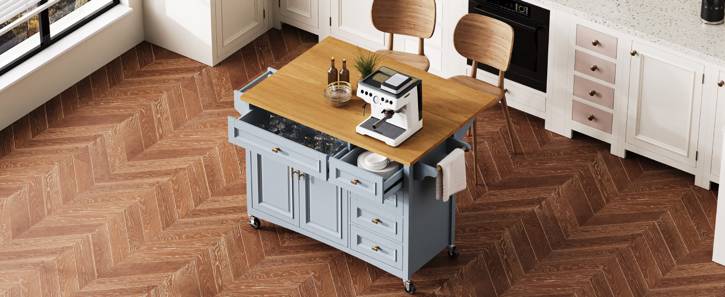 K&K 52'' Kitchen Island with Drop Leaf, Embossed Texture Kitchen Island on Wheels with Spice Rack, Towel Rack, 2 Doors and 5 Drawers, Kitchen Storage Cart with Adjustable Shelf for Kitchen, Blue Grey - Image 2