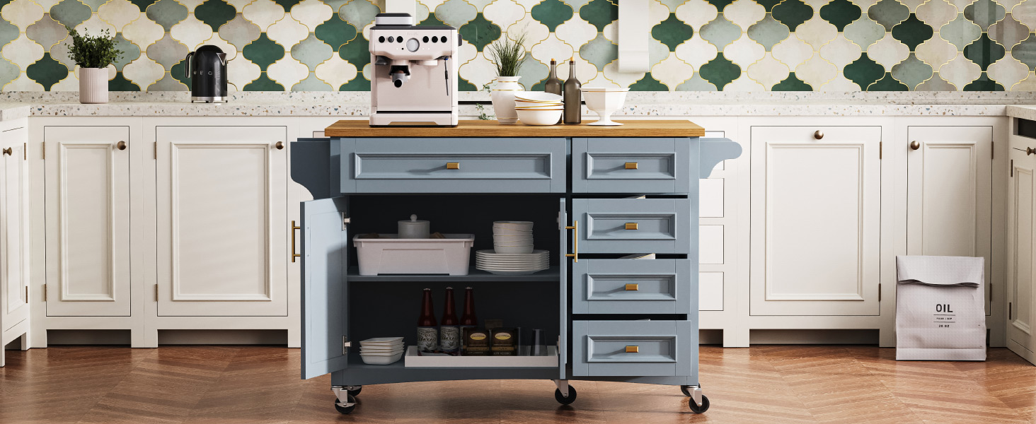K&K 52'' Kitchen Island with Drop Leaf, Embossed Texture Kitchen Island on Wheels with Spice Rack, Towel Rack, 2 Doors and 5 Drawers, Kitchen Storage Cart with Adjustable Shelf for Kitchen, Blue Grey - Image 4