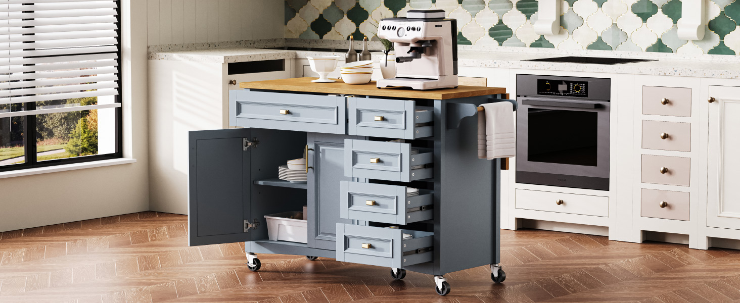 K&K 52'' Kitchen Island with Drop Leaf, Embossed Texture Kitchen Island on Wheels with Spice Rack, Towel Rack, 2 Doors and 5 Drawers, Kitchen Storage Cart with Adjustable Shelf for Kitchen, Blue Grey - Image 3