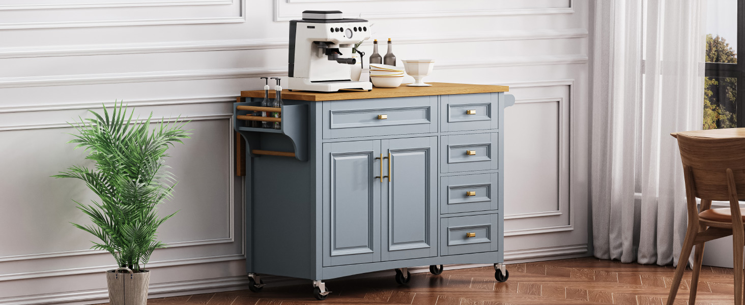 K&K 52'' Kitchen Island with Drop Leaf, Embossed Texture Kitchen Island on Wheels with Spice Rack, Towel Rack, 2 Doors and 5 Drawers, Kitchen Storage Cart with Adjustable Shelf for Kitchen, Blue Grey - Image 5