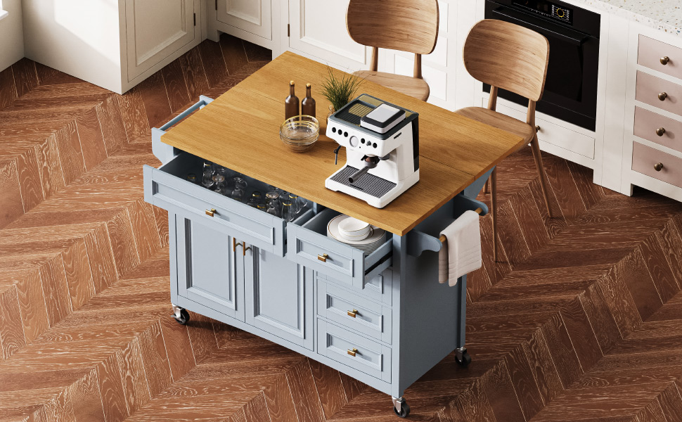 K&K 52'' Kitchen Island with Drop Leaf, Embossed Texture Kitchen Island on Wheels with Spice Rack, Towel Rack, 2 Doors and 5 Drawers, Kitchen Storage Cart with Adjustable Shelf for Kitchen, Blue Grey - Image 6