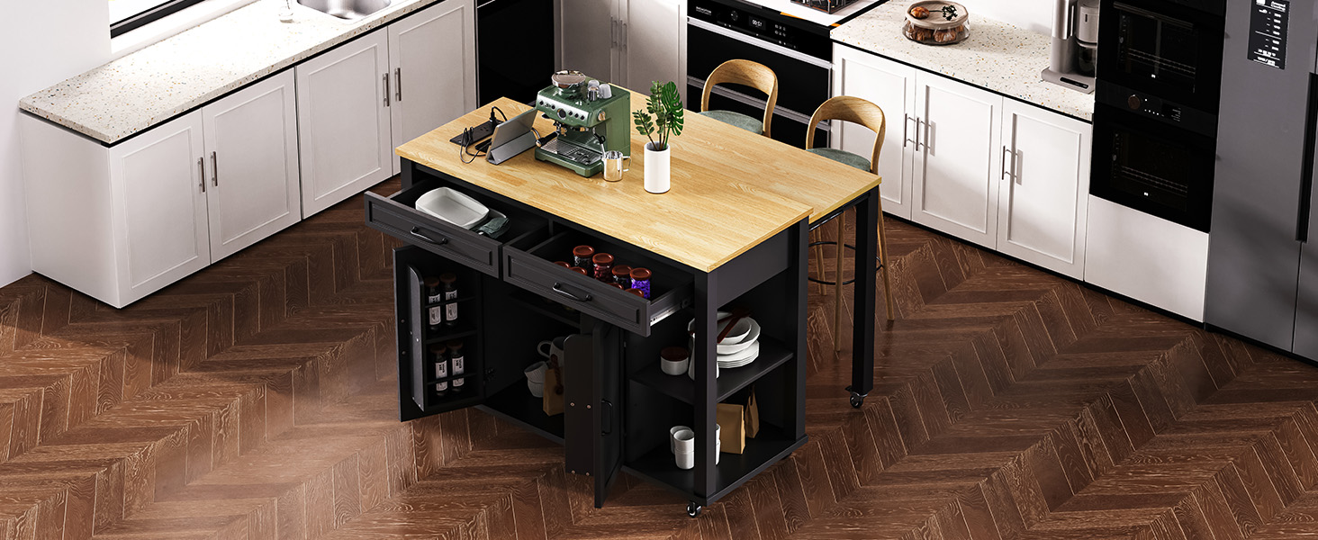 K&K 47 inch Kitchen Island with Extendable Dining Table, Rubber Wood Veneer Kitchen Table with Internal Storage Rack, Power Outlet, Kitchen island with Storage 2 Drawers 2 Cabinet, Black - Image 2