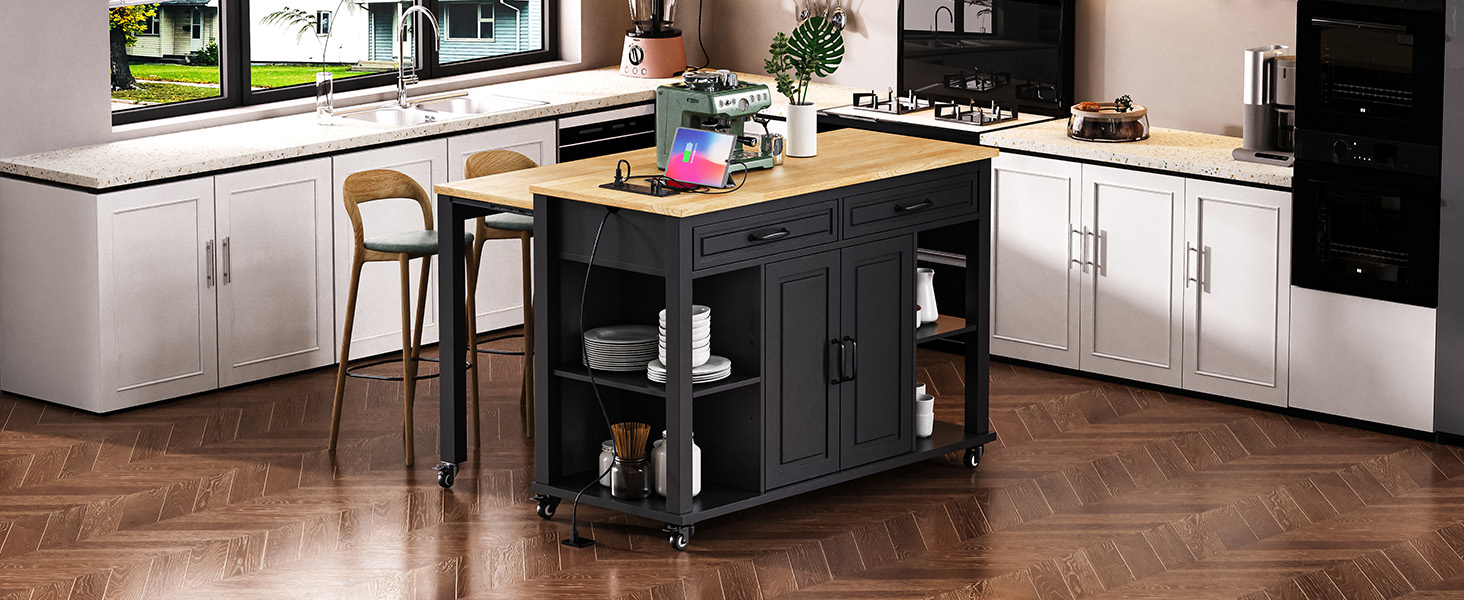 K&K 47 inch Kitchen Island with Extendable Dining Table, Rubber Wood Veneer Kitchen Table with Internal Storage Rack, Power Outlet, Kitchen island with Storage 2 Drawers 2 Cabinet, Black - Image 3