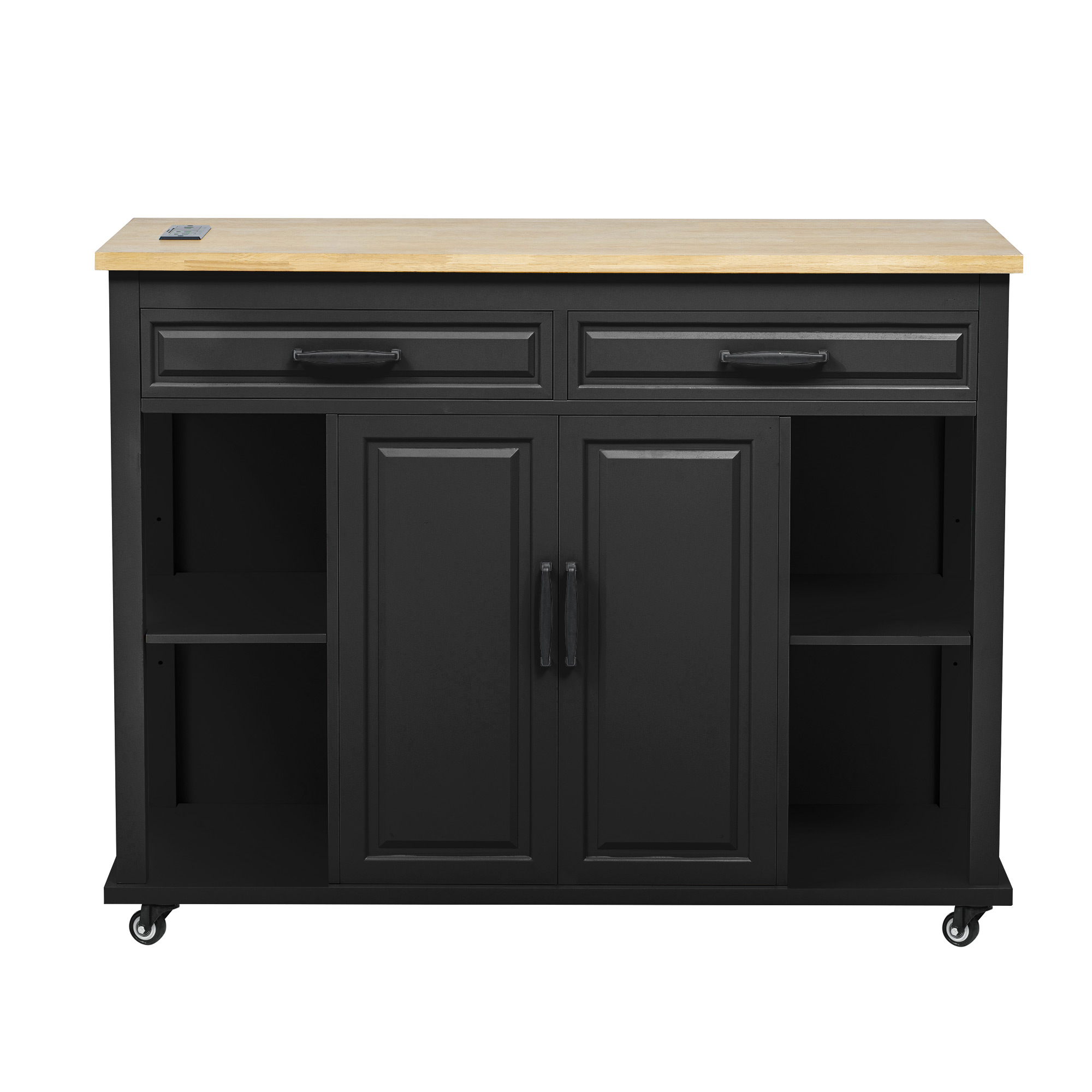 K&K 47 inch Kitchen Island with Extendable Dining Table, Rubber Wood Veneer Kitchen Table with Internal Storage Rack, Power Outlet, Kitchen island with Storage 2 Drawers 2 Cabinet, Black - Image 6