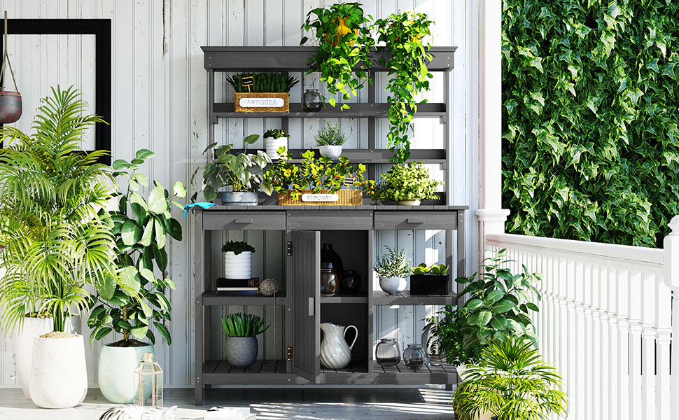 TOPMAX 66'' Large Outdoor Farmhouse Wooden Potting Bench Table, Garden Workstation with 2 Drawers,Cabinet and Open Shelves for Backyard, Mudroom, Gray - Image 2