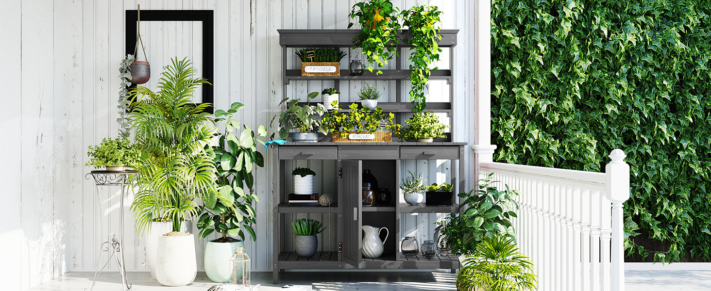 TOPMAX 66'' Large Outdoor Farmhouse Wooden Potting Bench Table, Garden Workstation with 2 Drawers,Cabinet and Open Shelves for Backyard, Mudroom, Gray - Image 3