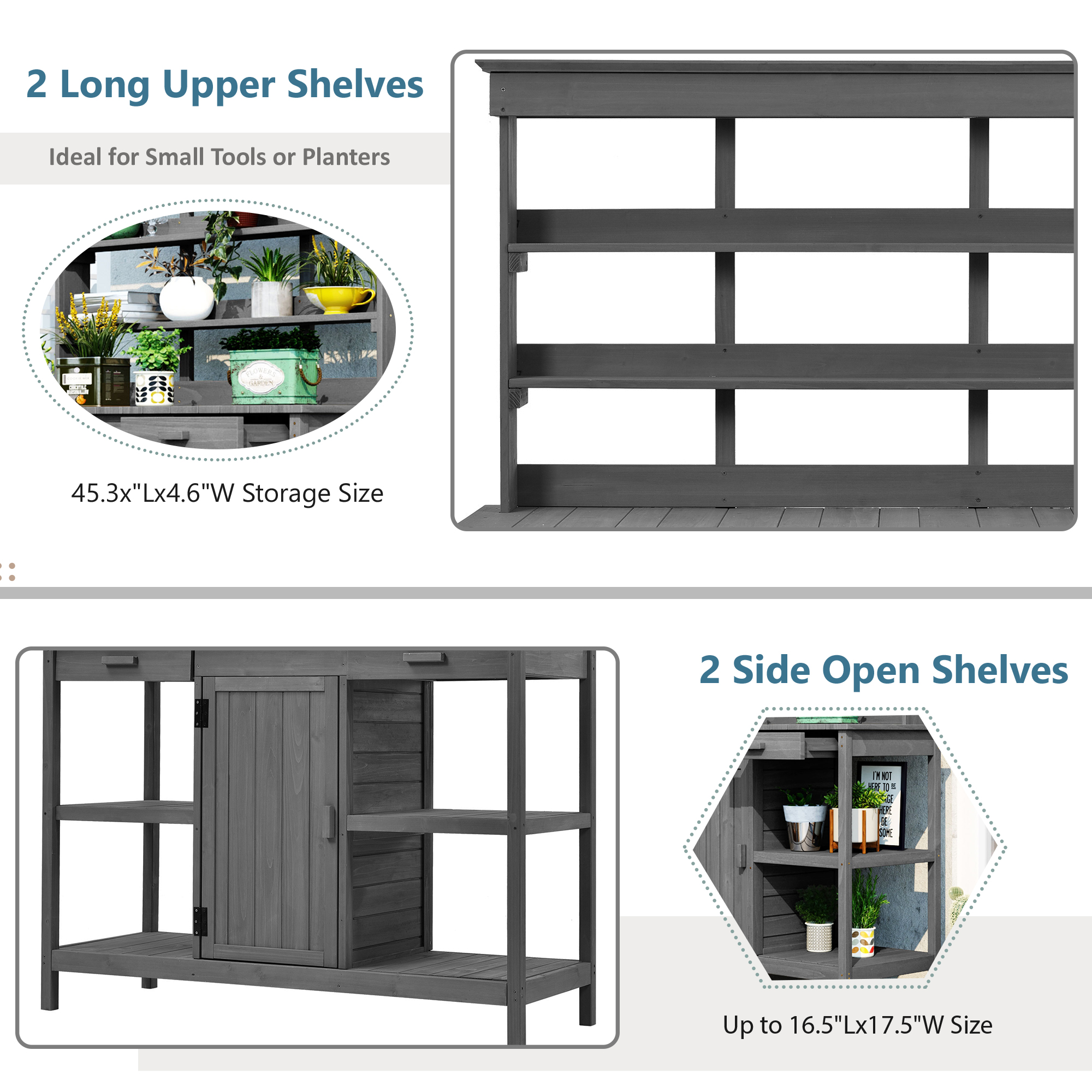 TOPMAX 66'' Large Outdoor Farmhouse Wooden Potting Bench Table, Garden Workstation with 2 Drawers,Cabinet and Open Shelves for Backyard, Mudroom, Gray - Image 5