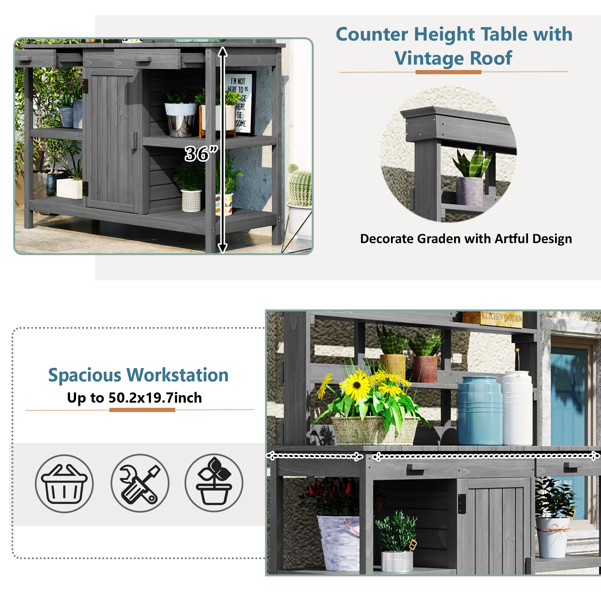 TOPMAX 66'' Large Outdoor Farmhouse Wooden Potting Bench Table, Garden Workstation with 2 Drawers,Cabinet and Open Shelves for Backyard, Mudroom, Gray - Image 6