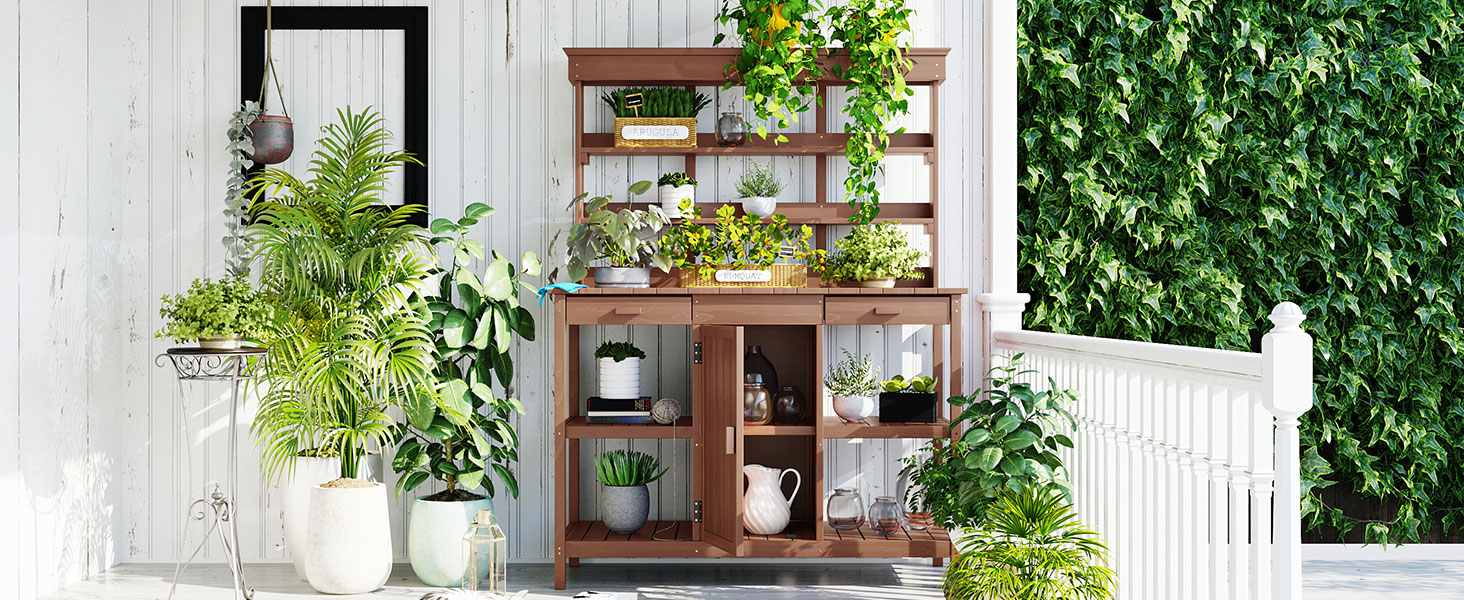 TOPMAX 66" Large Outdoor Farmhouse Wooden Potting Bench Table, Garden Workstation with 2 Drawers, Cabinet and Open Shelves for Backyard, Mudroom, Brown - Image 2
