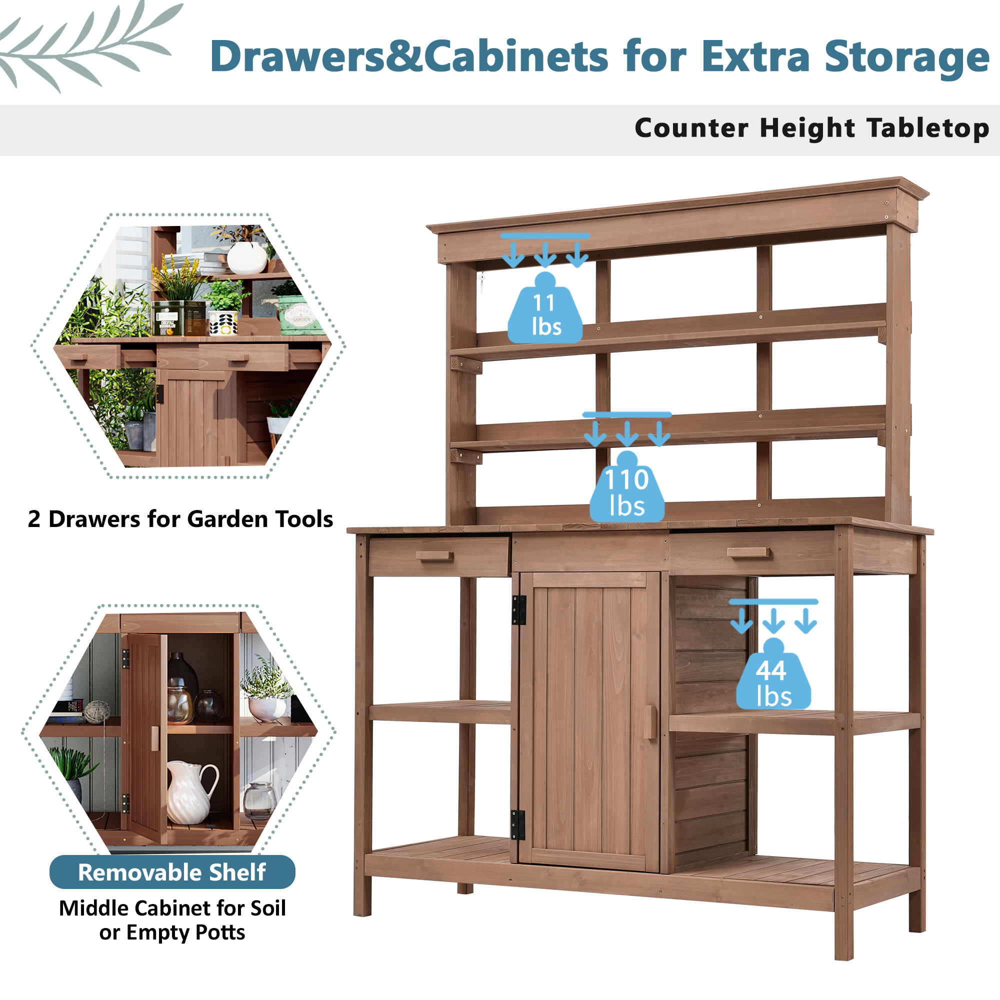 TOPMAX 66" Large Outdoor Farmhouse Wooden Potting Bench Table, Garden Workstation with 2 Drawers, Cabinet and Open Shelves for Backyard, Mudroom, Brown - Image 4