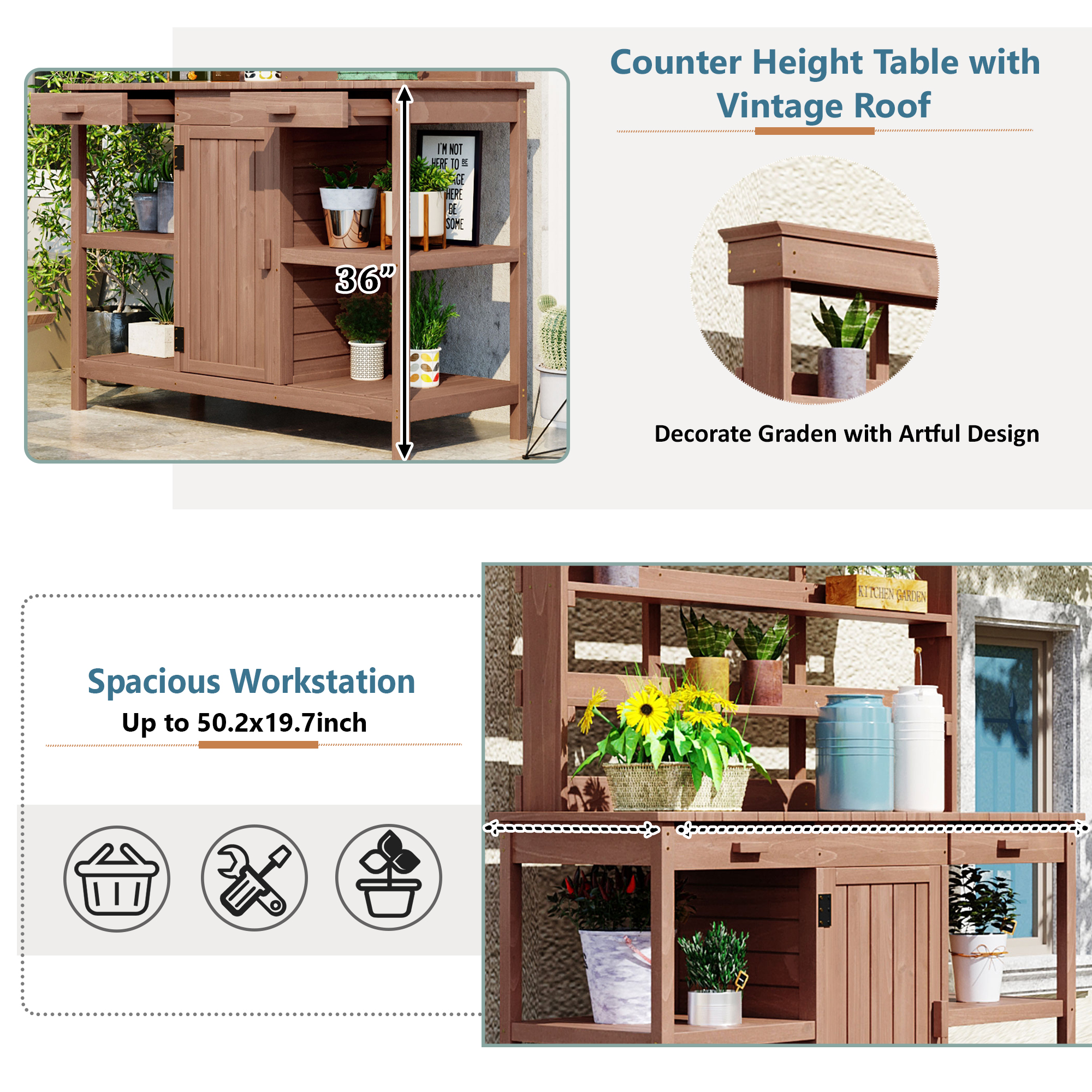 TOPMAX 66" Large Outdoor Farmhouse Wooden Potting Bench Table, Garden Workstation with 2 Drawers, Cabinet and Open Shelves for Backyard, Mudroom, Brown - Image 6
