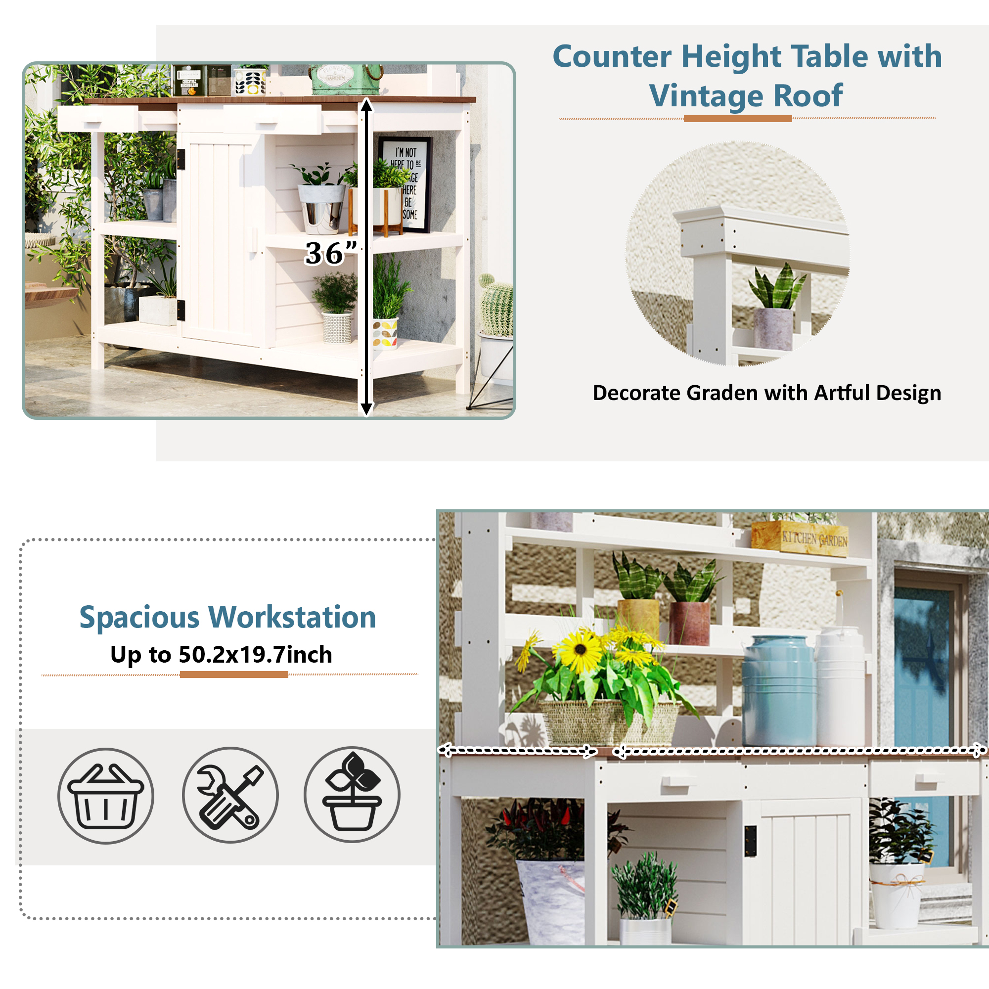 TOPMAX 66" Large Outdoor Farmhouse Wooden Potting Bench Table, Garden Workstation with 2 Drawers, Cabinet and Open Shelves for Backyard, Mudroom, White - Image 6