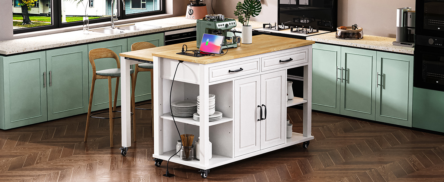 K&K 47 inch Kitchen Island with Extendable Dining Table, Rubber Wood Veneer Kitchen Table with Internal Storage Rack, Power Outlet, Kitchen island with Storage 2 Drawers 2 Cabinet,White - Image 2