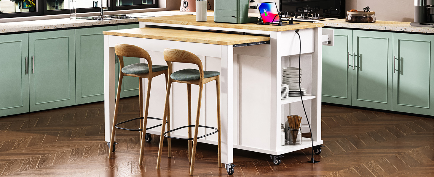 K&K 47 inch Kitchen Island with Extendable Dining Table, Rubber Wood Veneer Kitchen Table with Internal Storage Rack, Power Outlet, Kitchen island with Storage 2 Drawers 2 Cabinet,White - Image 3