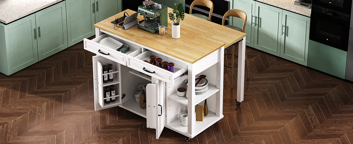K&K 47 inch Kitchen Island with Extendable Dining Table, Rubber Wood Veneer Kitchen Table with Internal Storage Rack, Power Outlet, Kitchen island with Storage 2 Drawers 2 Cabinet,White - Image 4