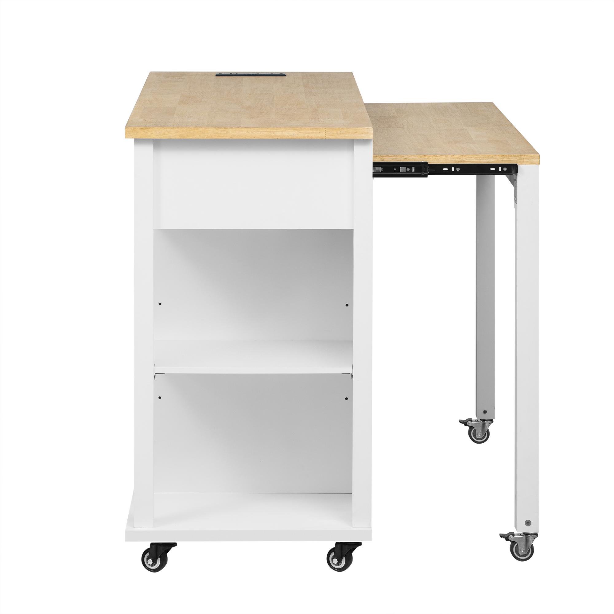 K&K 47 inch Kitchen Island with Extendable Dining Table, Rubber Wood Veneer Kitchen Table with Internal Storage Rack, Power Outlet, Kitchen island with Storage 2 Drawers 2 Cabinet,White - Image 5
