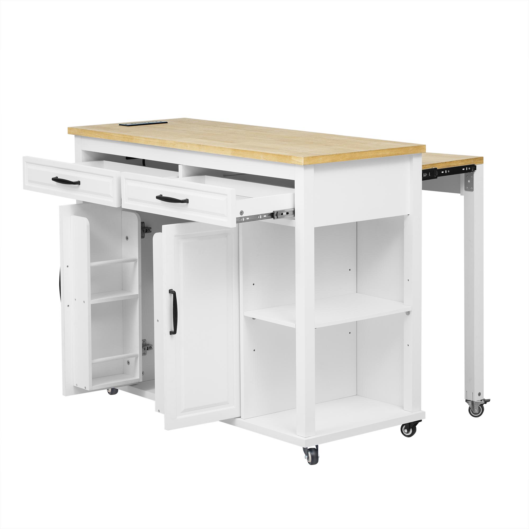 K&K 47 inch Kitchen Island with Extendable Dining Table, Rubber Wood Veneer Kitchen Table with Internal Storage Rack, Power Outlet, Kitchen island with Storage 2 Drawers 2 Cabinet,White - Image 6