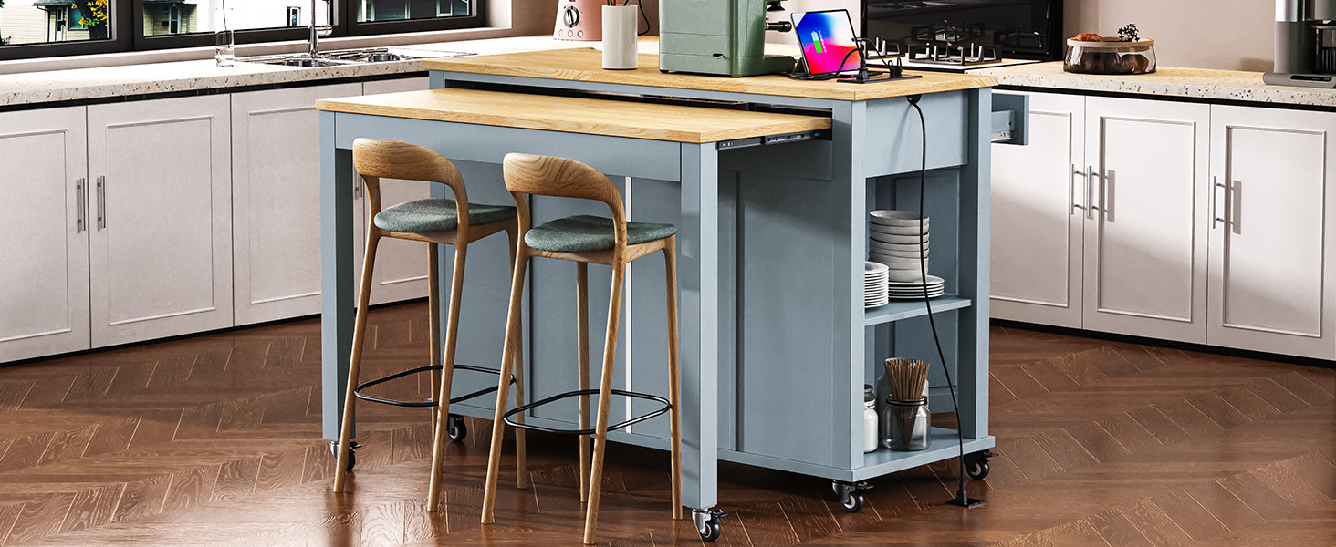 K&K 47 inch Kitchen Island with Extendable Dining Table, Rubber Wood Veneer Kitchen Table with Internal Storage Rack, Power Outlet, Kitchen island with Storage 2 Drawers 2 Cabinet,Grey Blue - Image 2