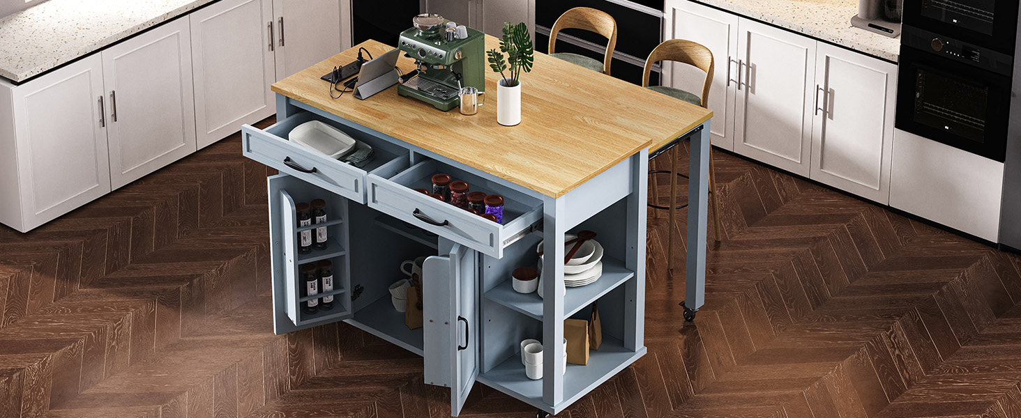 K&K 47 inch Kitchen Island with Extendable Dining Table, Rubber Wood Veneer Kitchen Table with Internal Storage Rack, Power Outlet, Kitchen island with Storage 2 Drawers 2 Cabinet,Grey Blue - Image 4