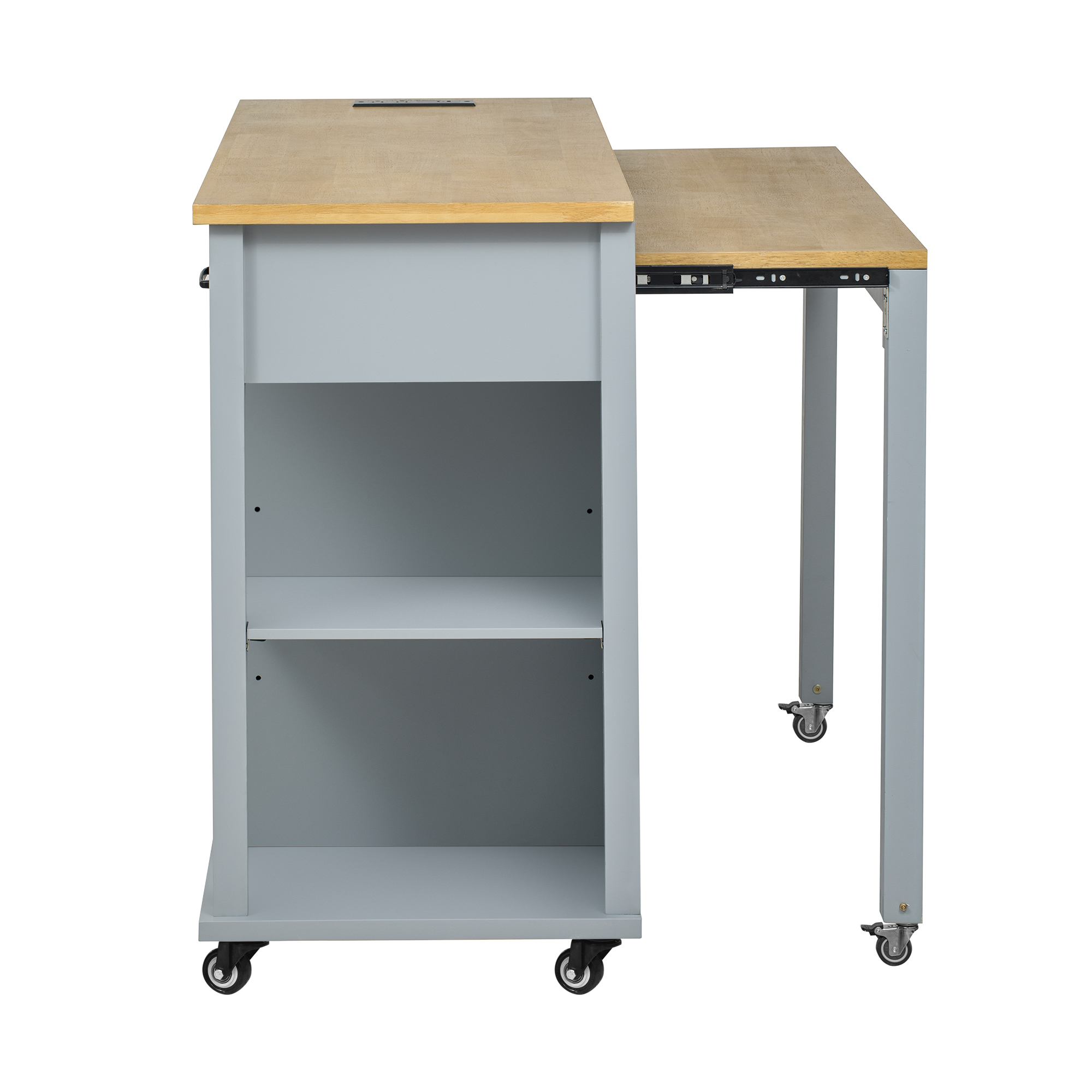 K&K 47 inch Kitchen Island with Extendable Dining Table, Rubber Wood Veneer Kitchen Table with Internal Storage Rack, Power Outlet, Kitchen island with Storage 2 Drawers 2 Cabinet,Grey Blue - Image 5