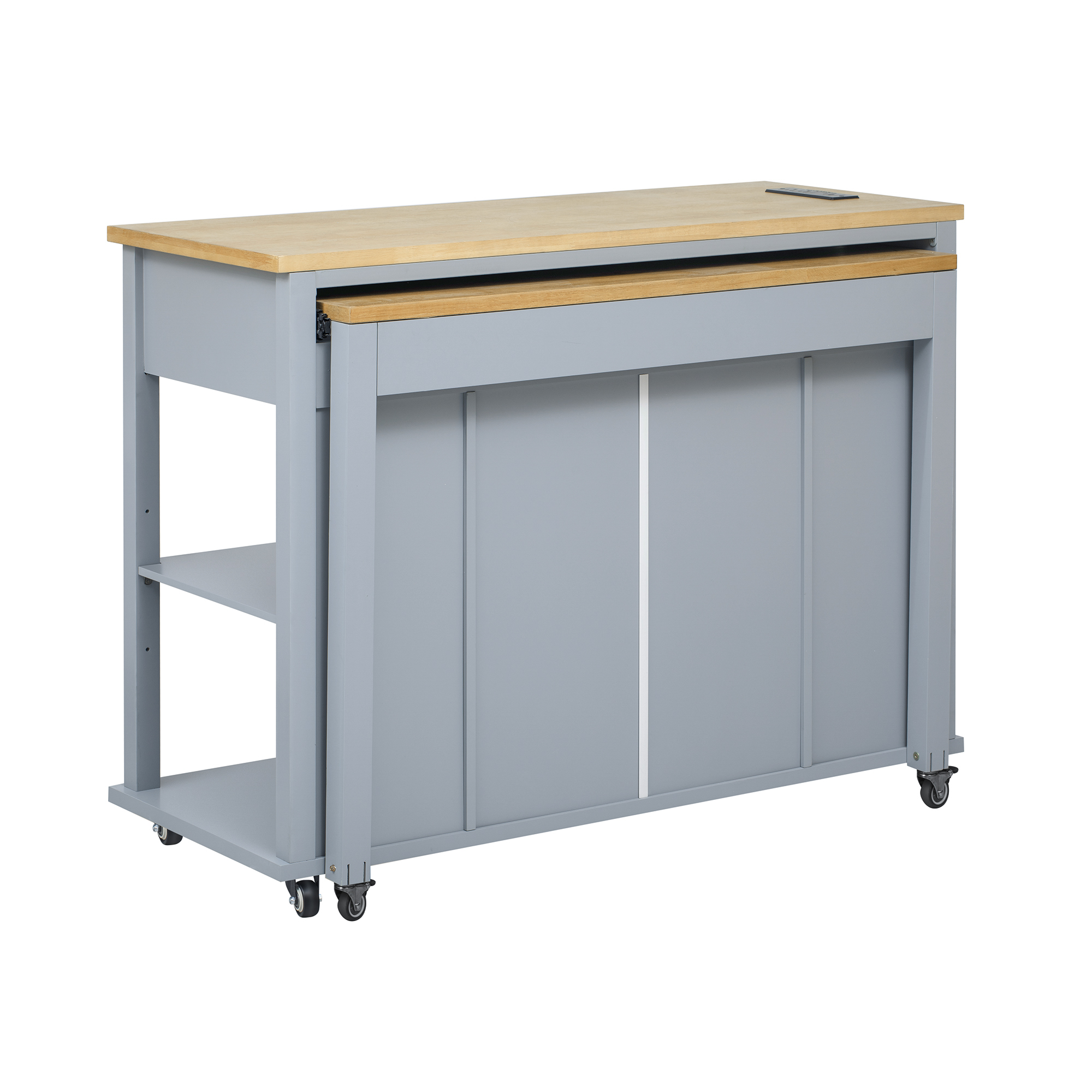 K&K 47 inch Kitchen Island with Extendable Dining Table, Rubber Wood Veneer Kitchen Table with Internal Storage Rack, Power Outlet, Kitchen island with Storage 2 Drawers 2 Cabinet,Grey Blue - Image 6