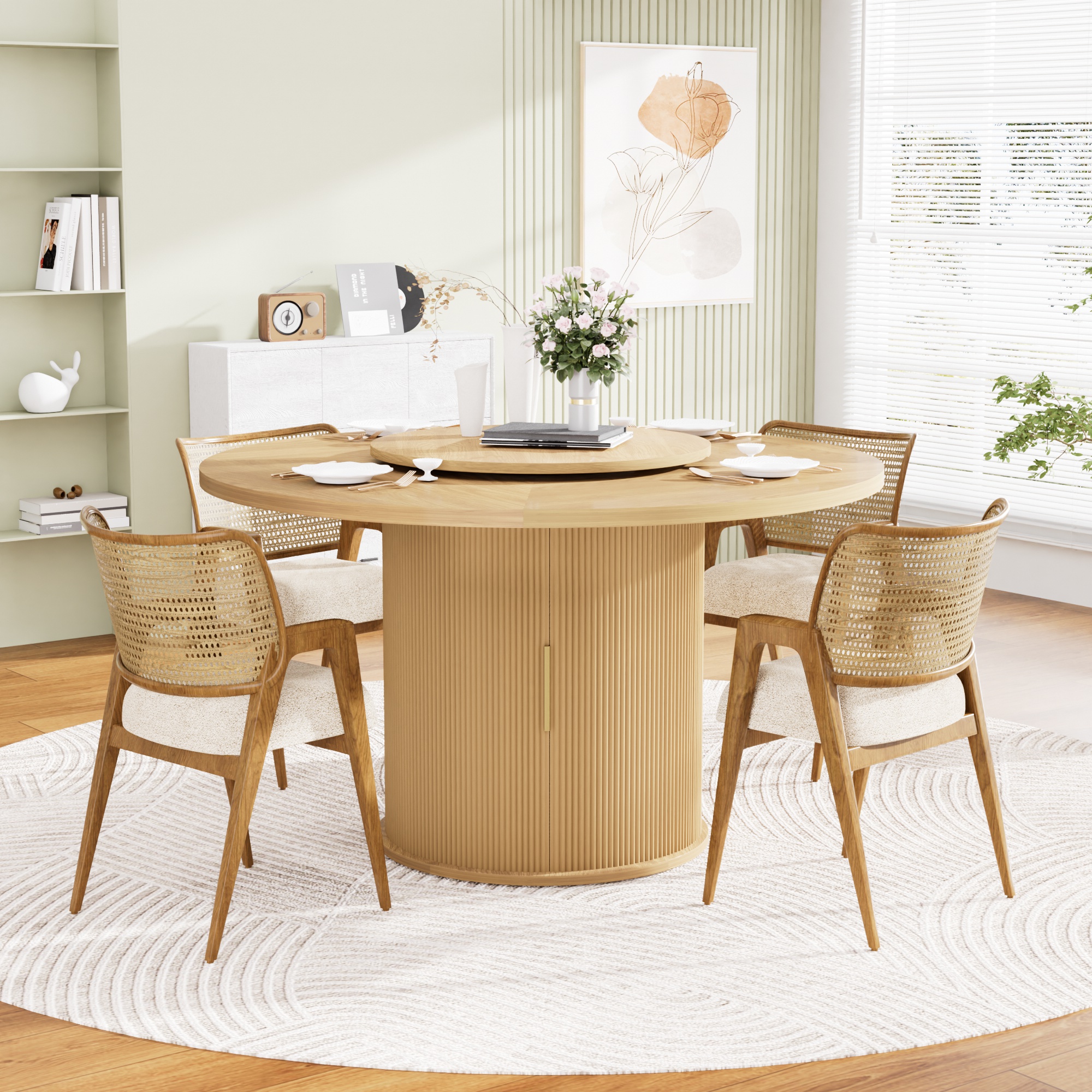 55-inch round dining table for six, featuring a double-tiered storage rack and a rotating tabletop tray. Wooden wavy-striped sliding doors. Ideal for home dining room living room (Natural). - Image 2