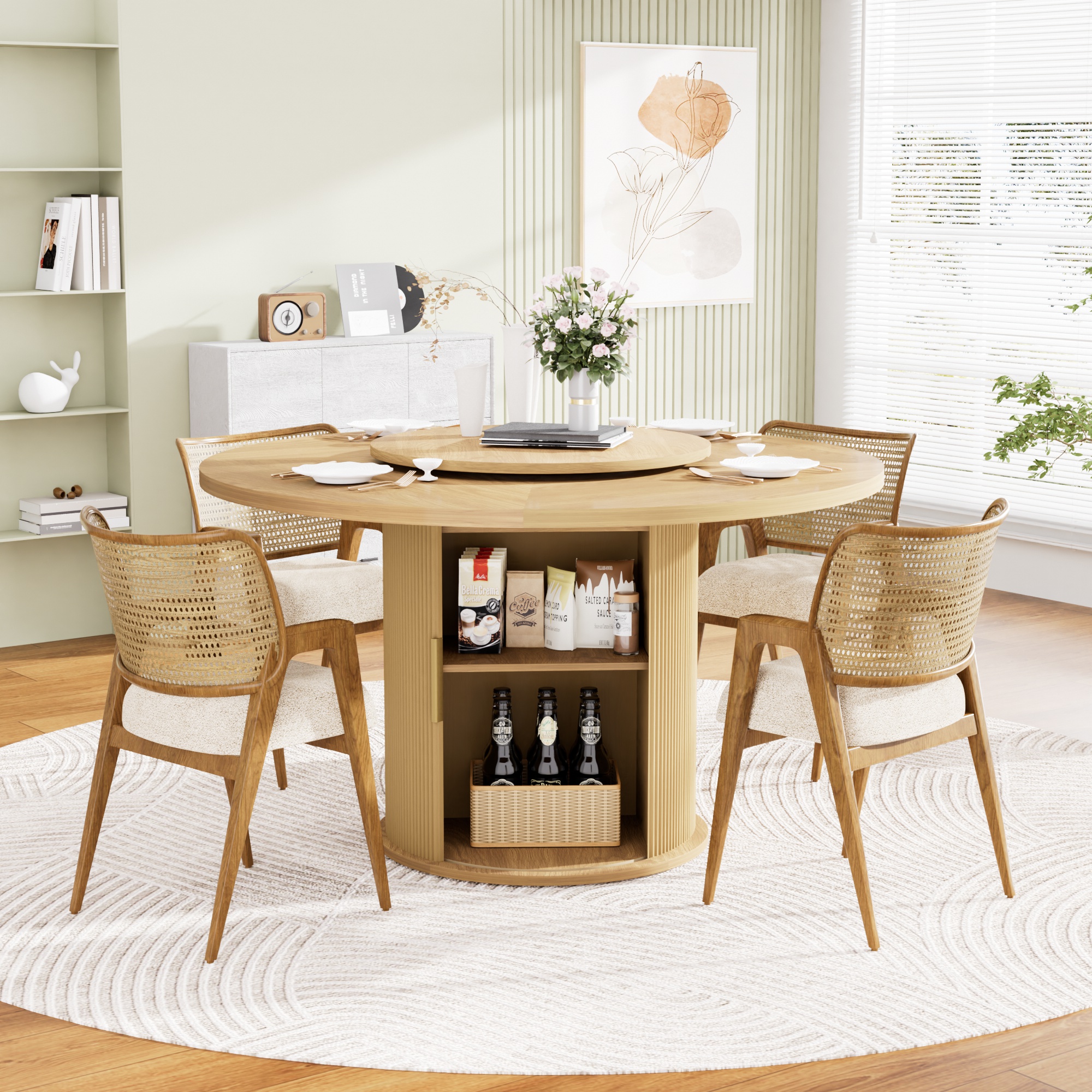 55-inch round dining table for six, featuring a double-tiered storage rack and a rotating tabletop tray. Wooden wavy-striped sliding doors. Ideal for home dining room living room (Natural). - Image 3