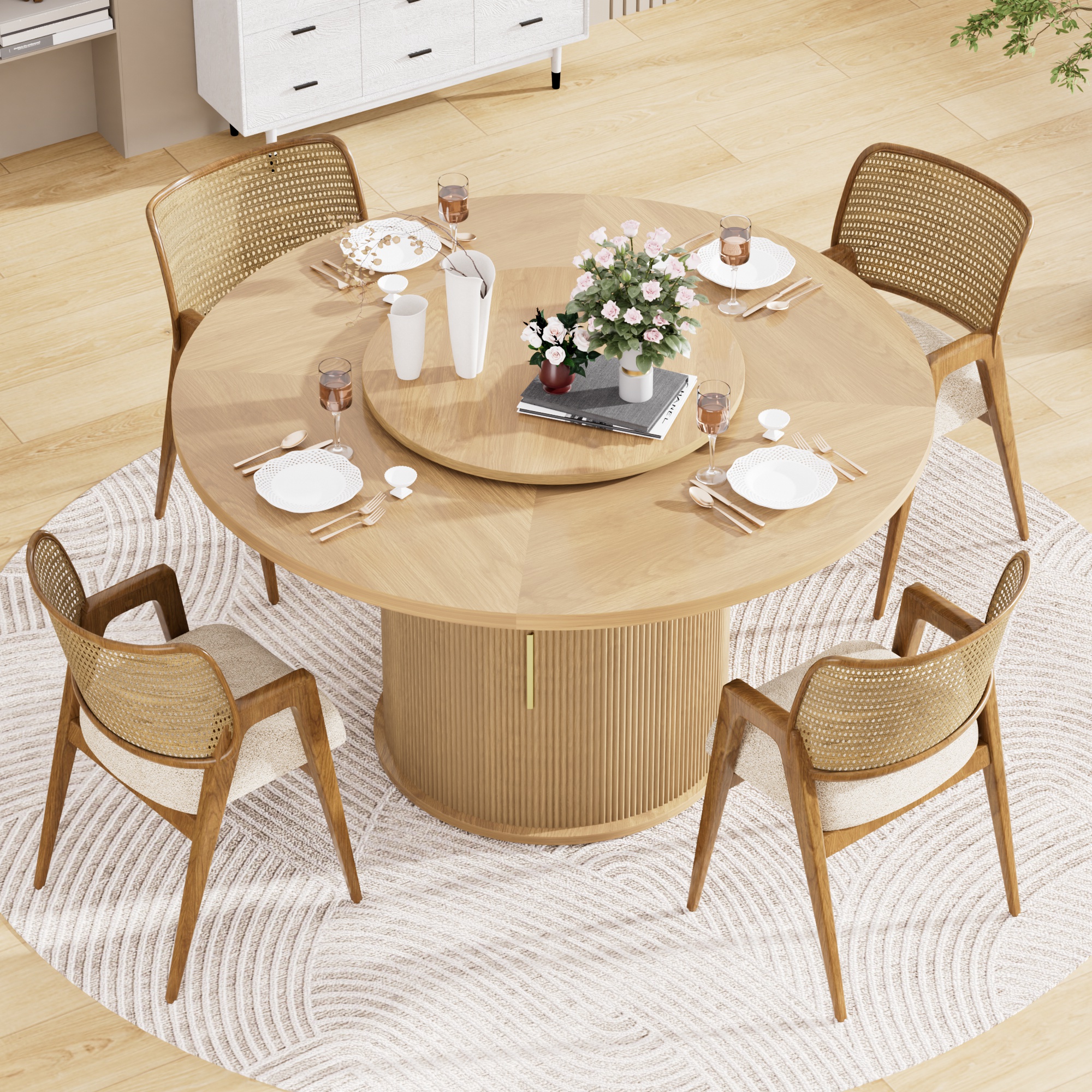 55-inch round dining table for six, featuring a double-tiered storage rack and a rotating tabletop tray. Wooden wavy-striped sliding doors. Ideal for home dining room living room (Natural). - Image 4
