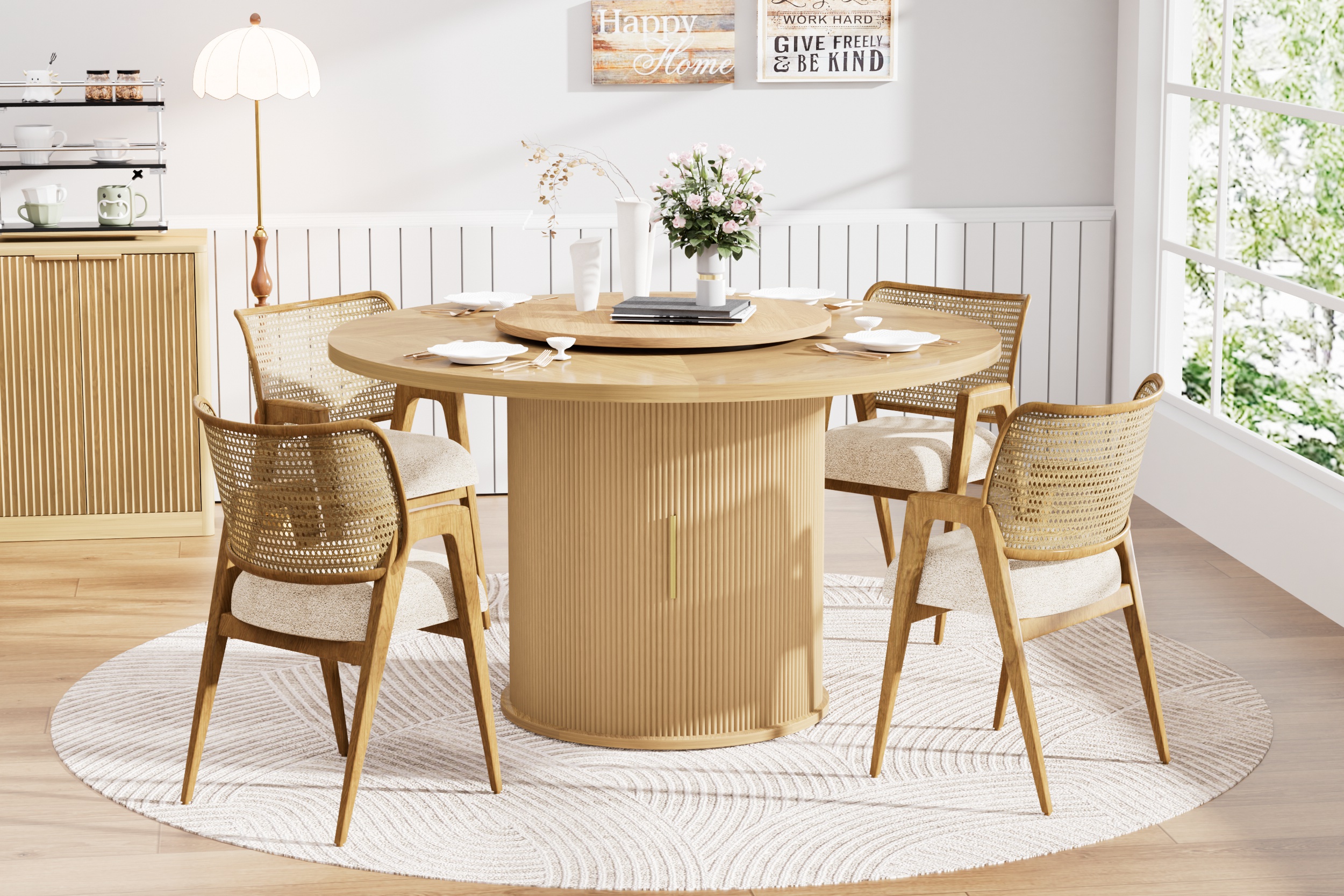 55-inch round dining table for six, featuring a double-tiered storage rack and a rotating tabletop tray. Wooden wavy-striped sliding doors. Ideal for home dining room living room (Natural). - Image 5