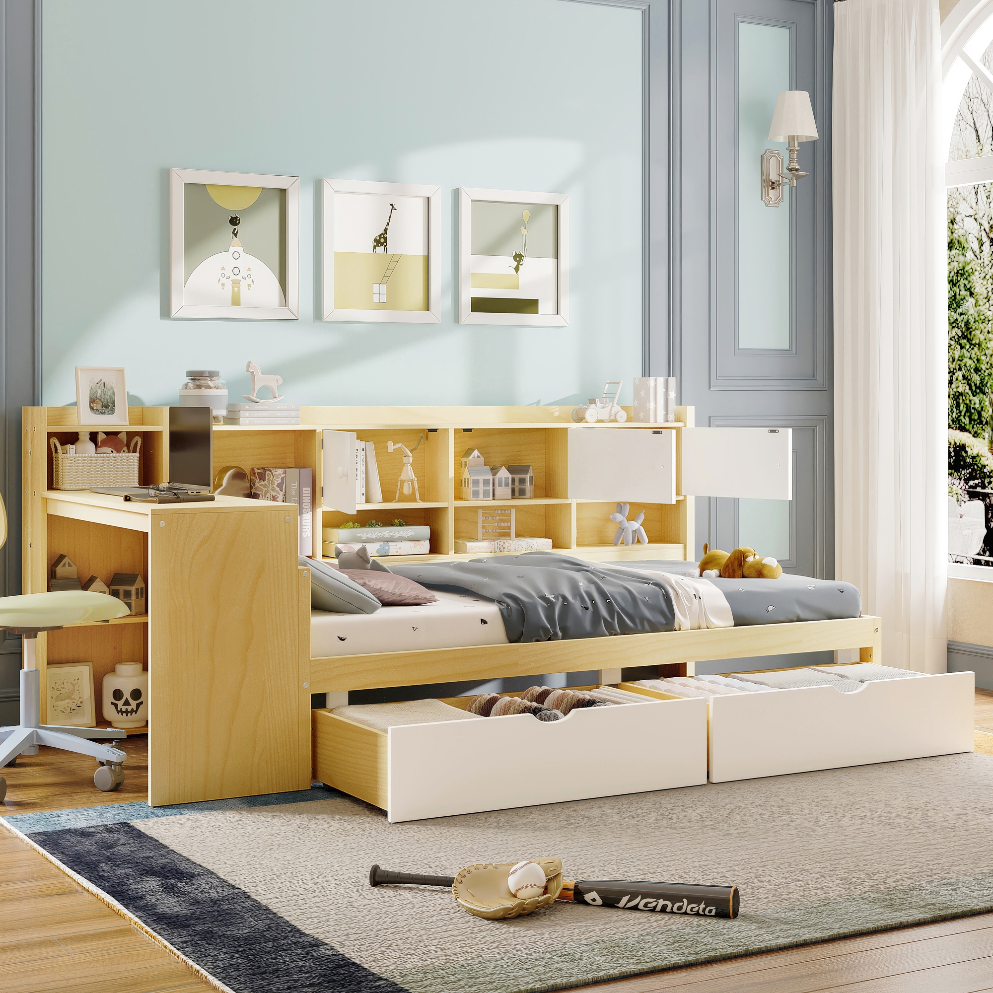 Wooden L-Shape Daybed with Seven Storage Cabinets and Two Storage Drawers, Multi-functional Bed with Study Desk and Built-in Bookshelf, Natural+White (Old SKU:N733S247070M) - Image 2