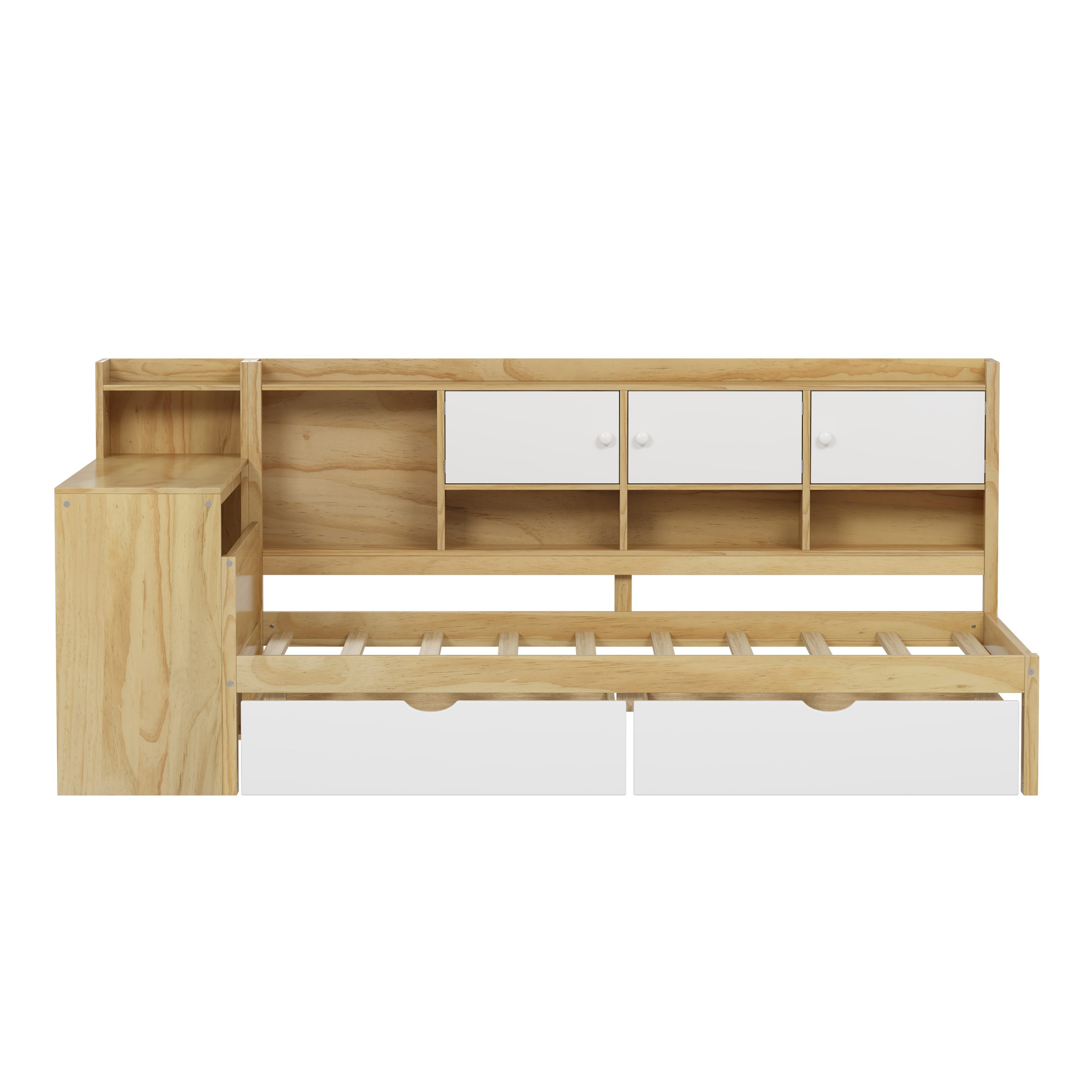 Wooden L-Shape Daybed with Seven Storage Cabinets and Two Storage Drawers, Multi-functional Bed with Study Desk and Built-in Bookshelf, Natural+White (Old SKU:N733S247070M) - Image 3