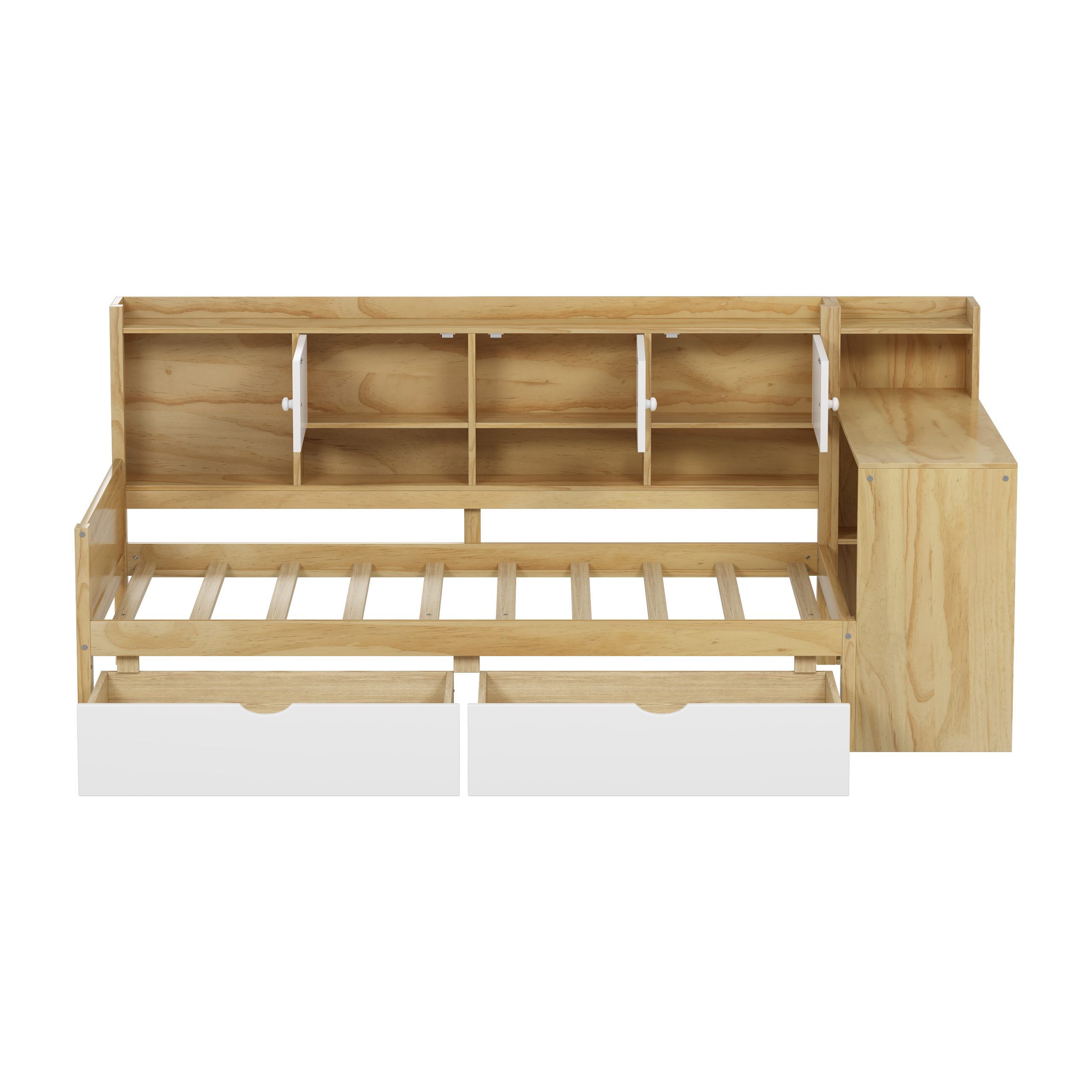 Wooden L-Shape Daybed with Seven Storage Cabinets and Two Storage Drawers, Multi-functional Bed with Study Desk and Built-in Bookshelf, Natural+White (Old SKU:N733S247070M) - Image 4
